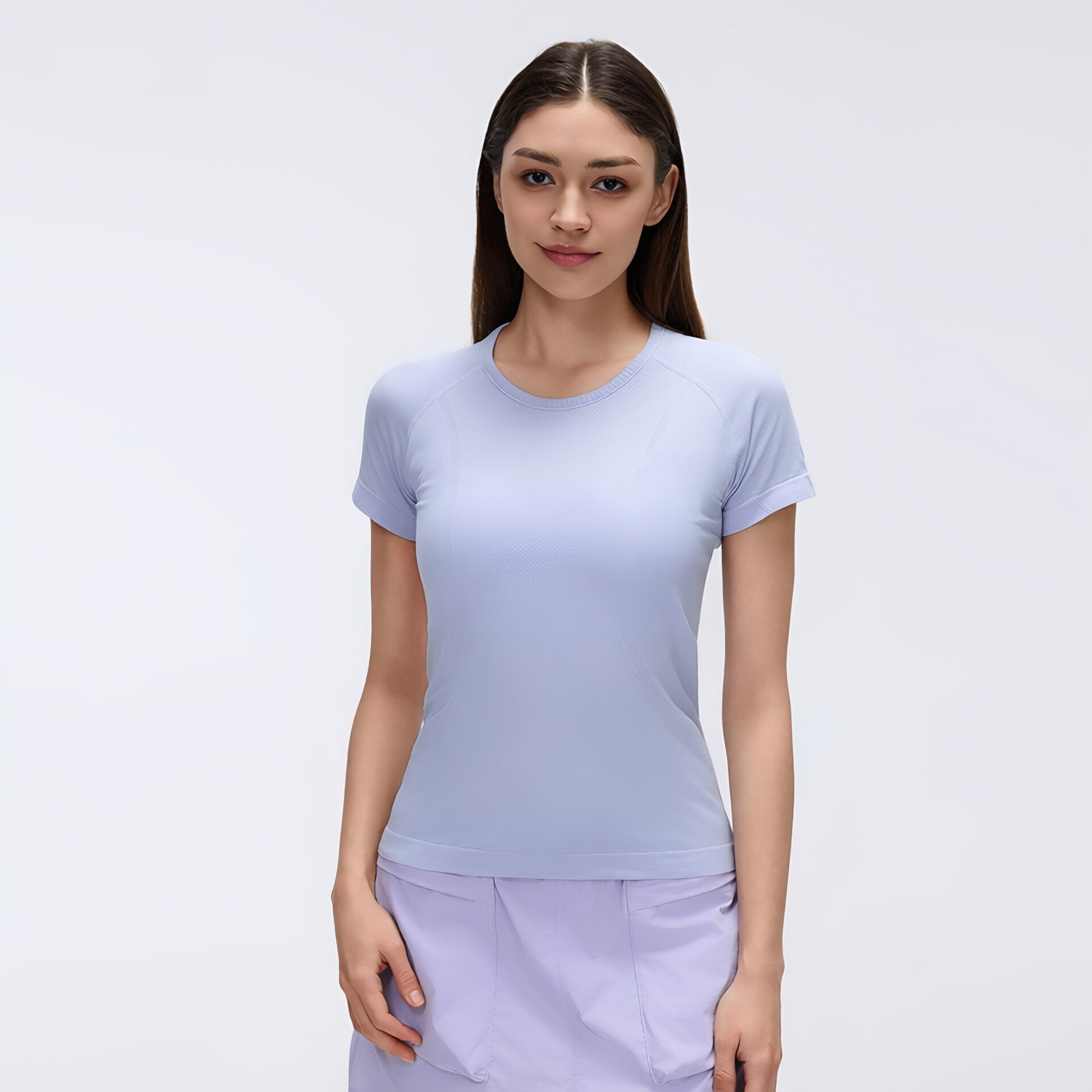 Solid Color Round Neck Yoga Tee Women Short Sleeve Slim Fit Gym Workout