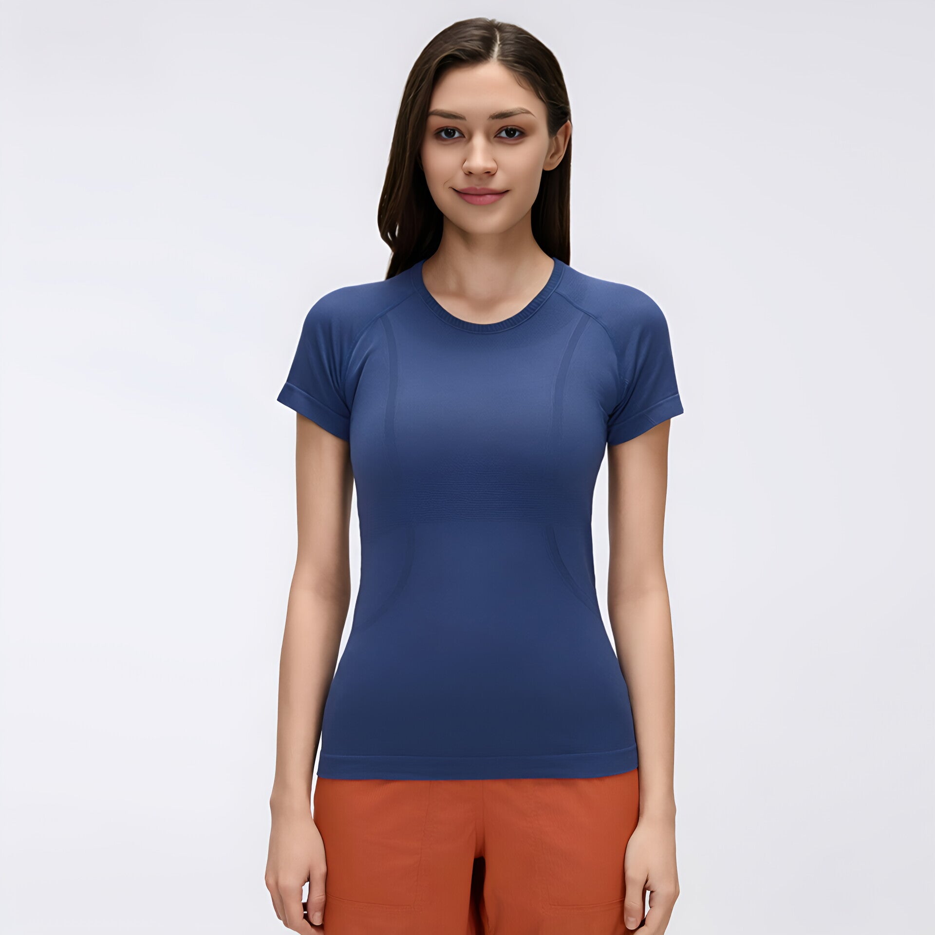 Solid Color Round Neck Yoga Tee Women Short Sleeve Slim Fit Gym Workout