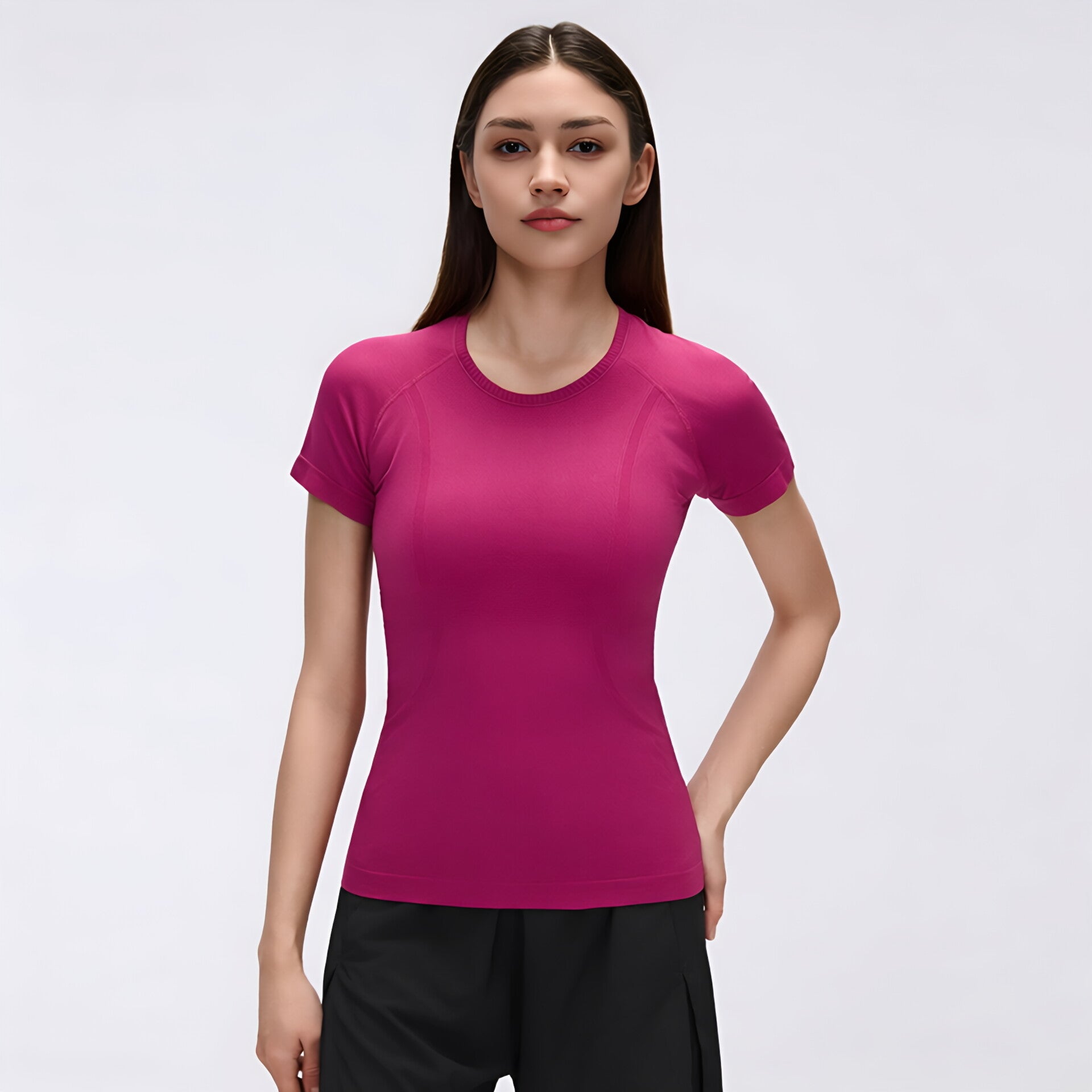 Solid Color Round Neck Yoga Tee Women Short Sleeve Slim Fit Gym Workout
