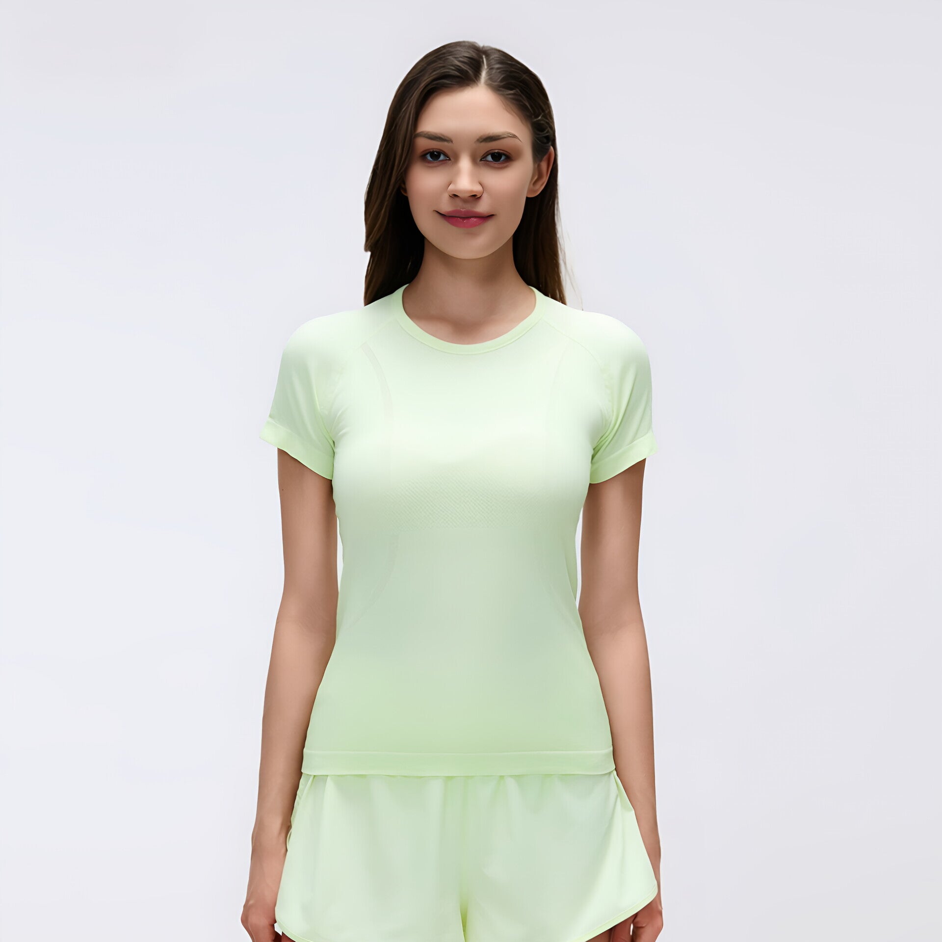 Solid Color Round Neck Yoga Tee Women Short Sleeve Slim Fit Gym Workout