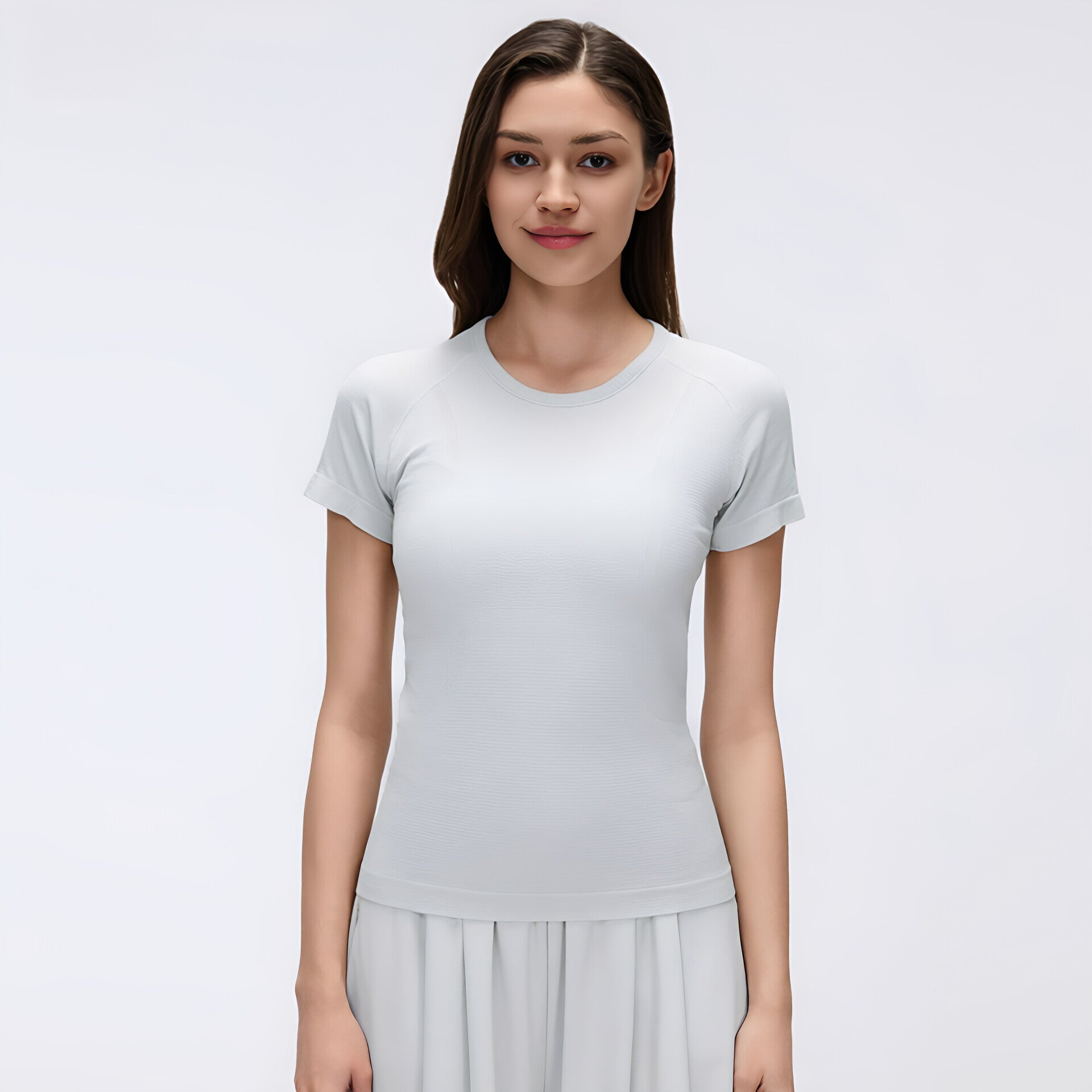 Solid Color Round Neck Yoga Tee Women Short Sleeve Slim Fit Gym Workout