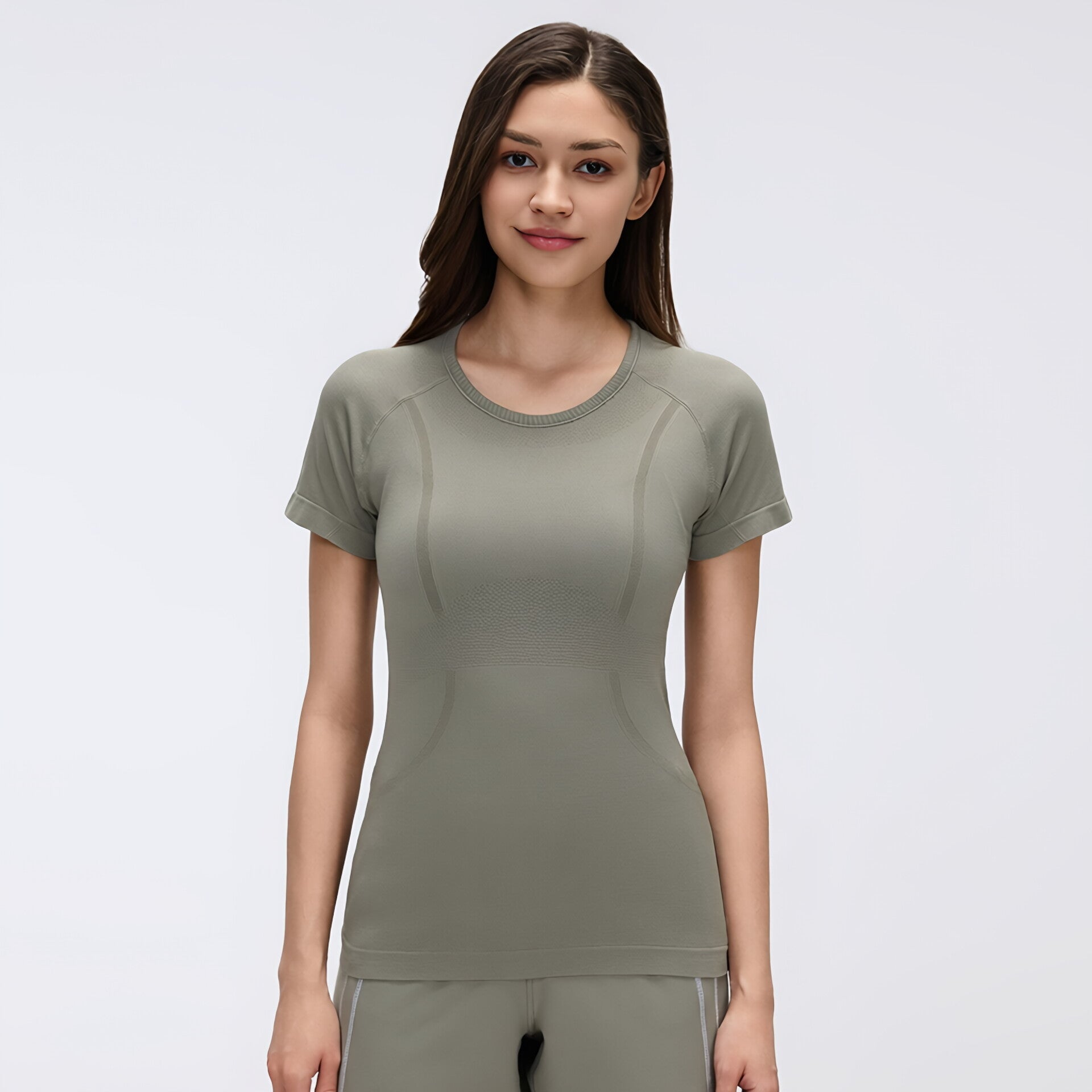 Solid Color Round Neck Yoga Tee Women Short Sleeve Slim Fit Gym Workout
