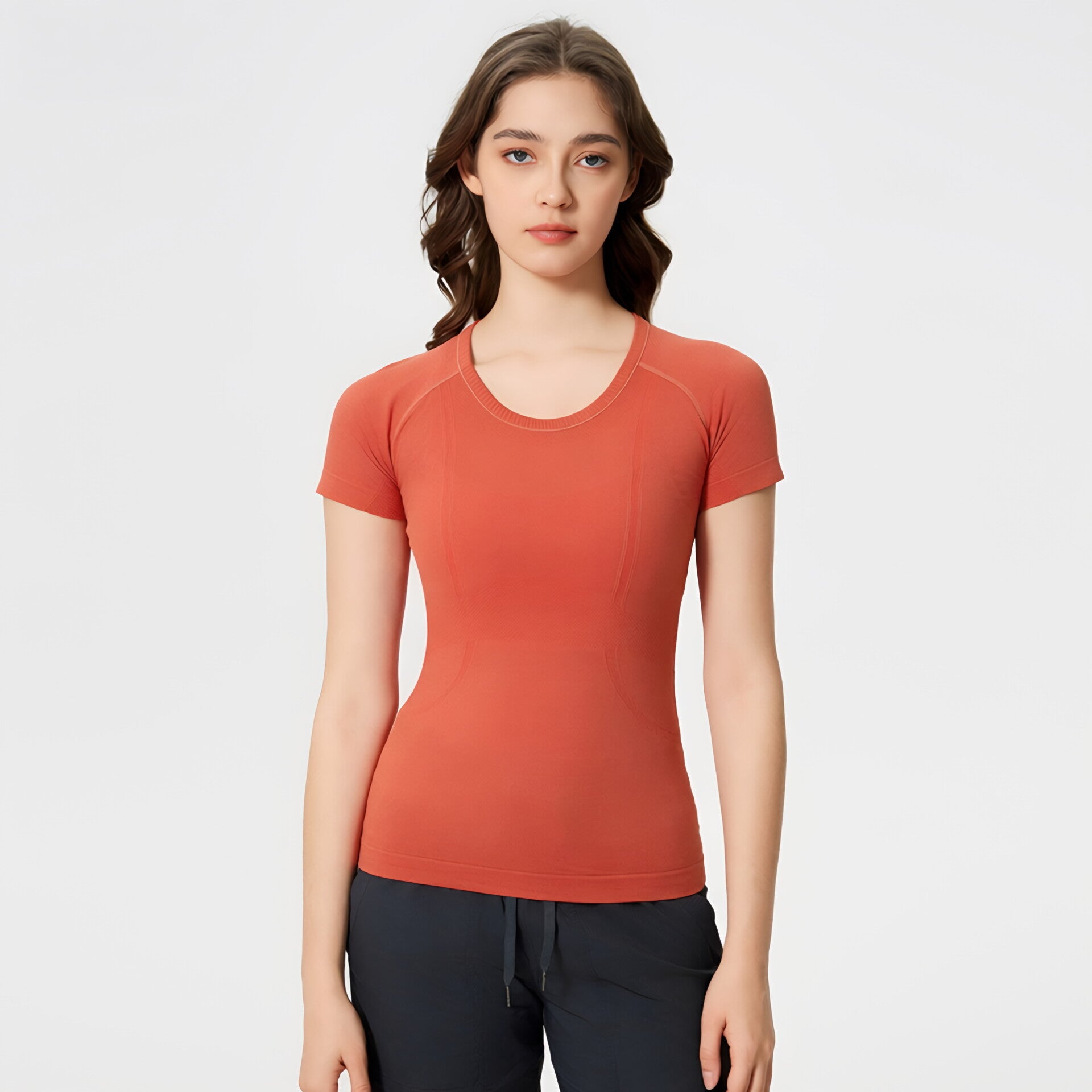 Solid Color Round Neck Yoga Tee Women Short Sleeve Slim Fit Gym Workout