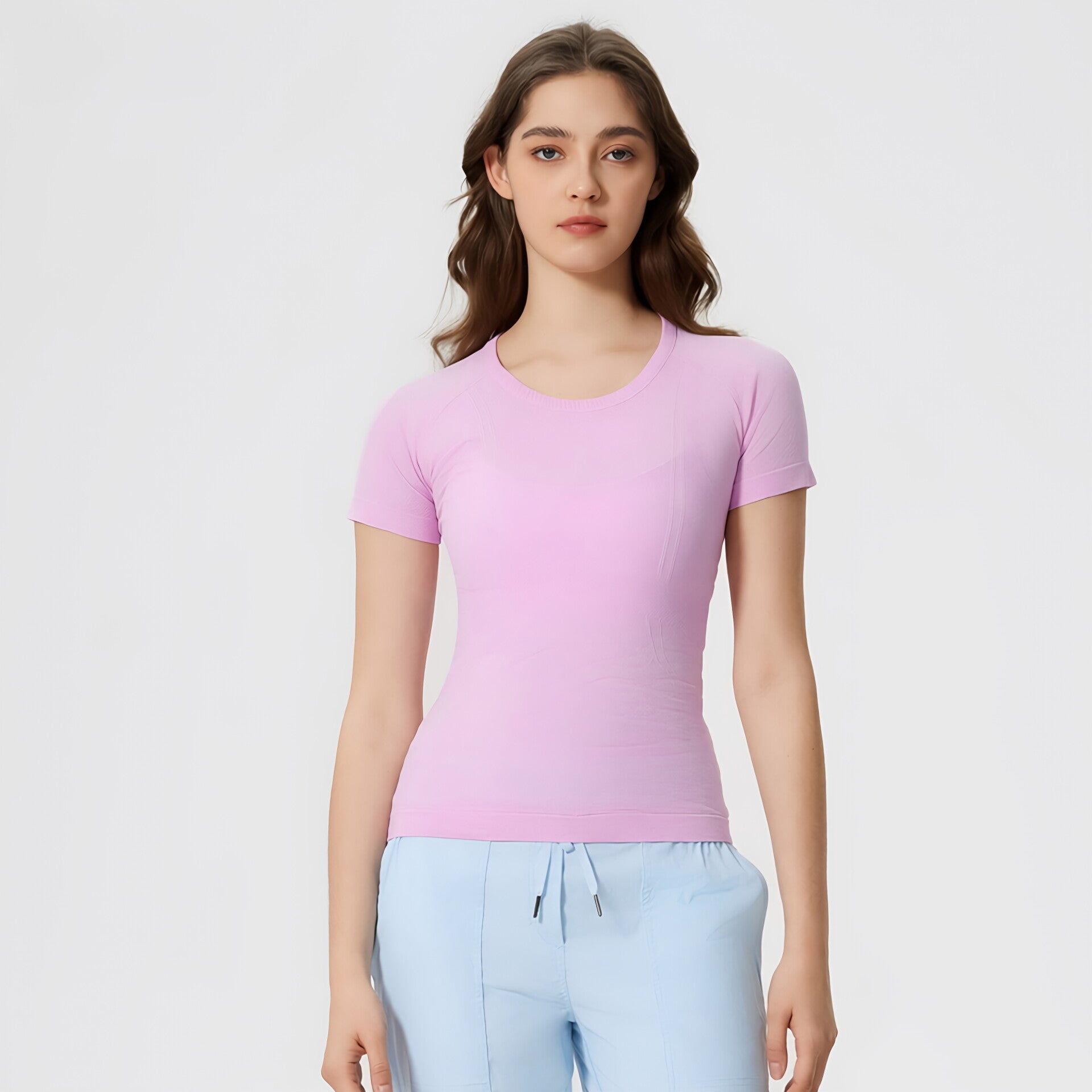Solid Color Round Neck Yoga Tee Women Short Sleeve Slim Fit Gym Workout