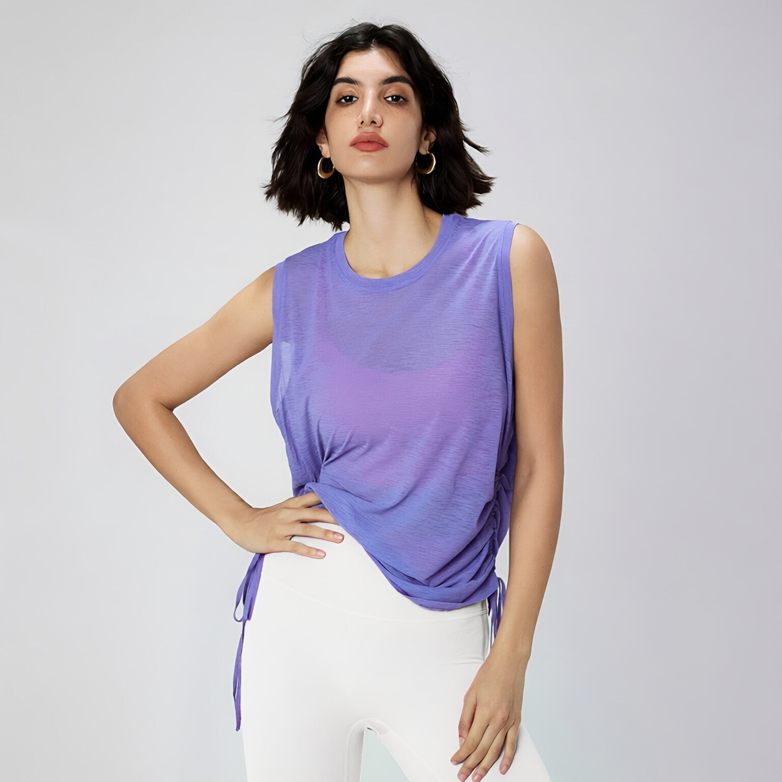Textured Breathable Round Neck Drawstring Tank