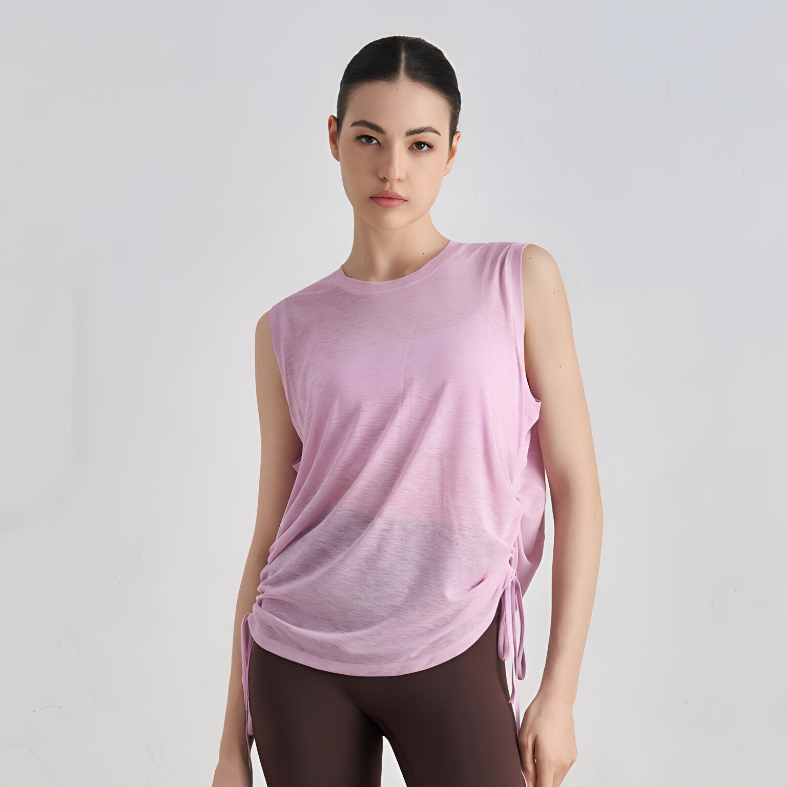 Textured Breathable Round Neck Drawstring Tank