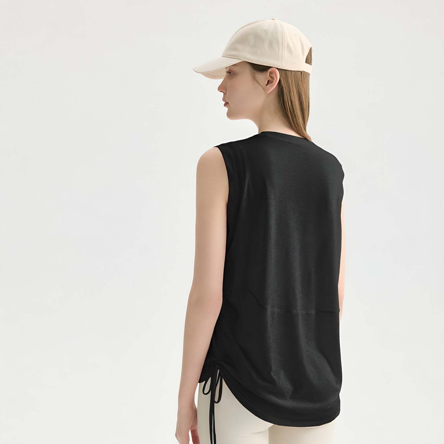Textured Breathable Round Neck Drawstring Tank