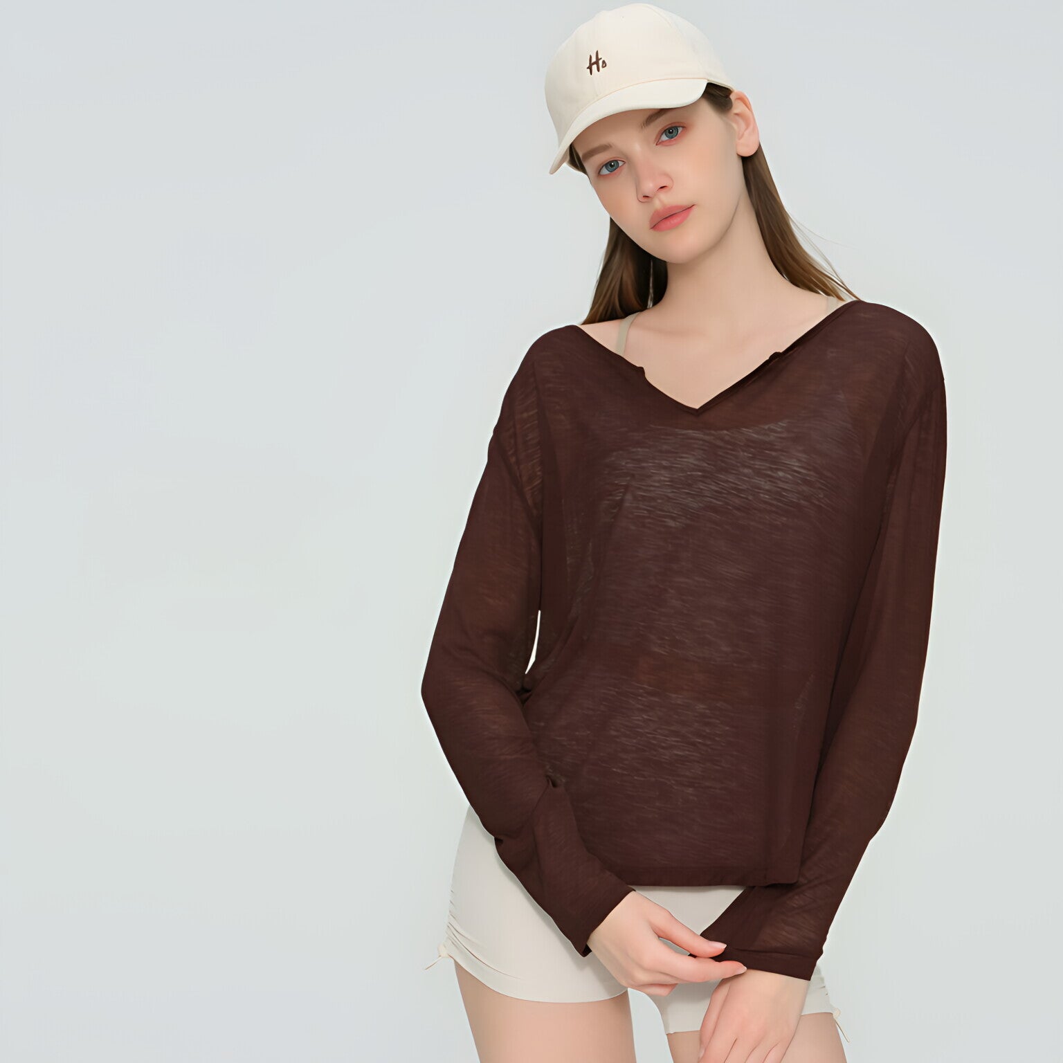 Bamboo Joint Chiffon Yoga Top Long Sleeve Loose V Neck Gym