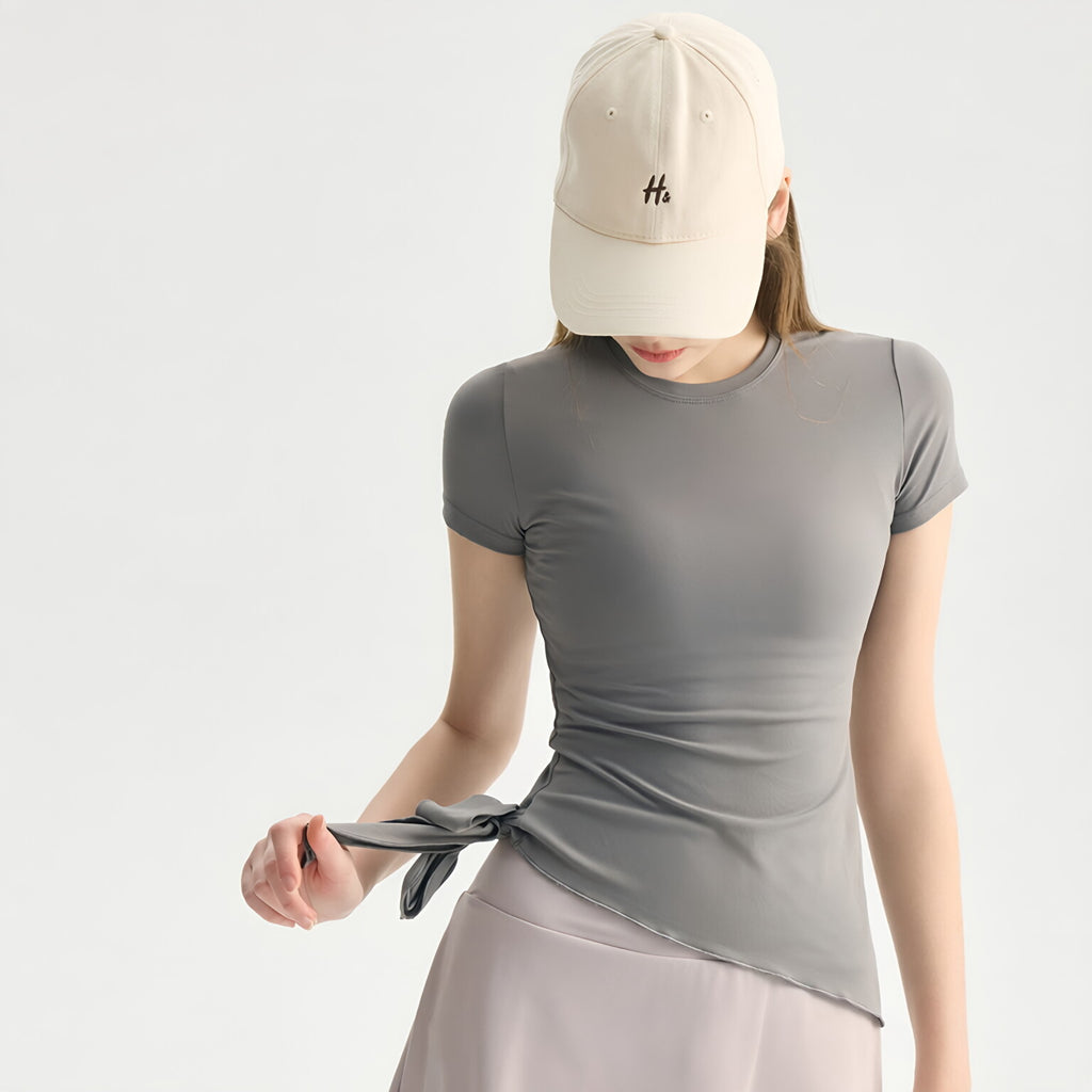 Banded Yoga Top Women Short Sleeve Breathable Slanted Gym
