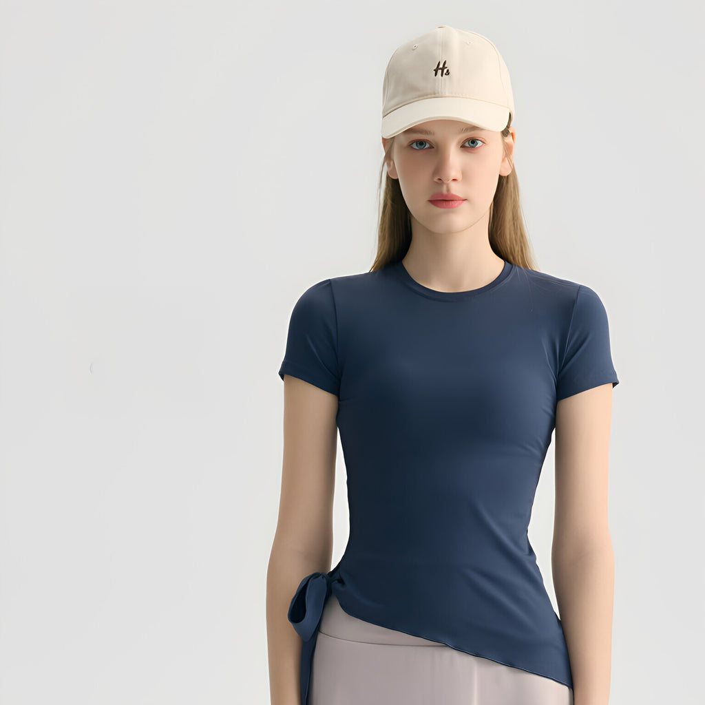 Banded Yoga Top Women Short Sleeve Breathable Slanted Gym