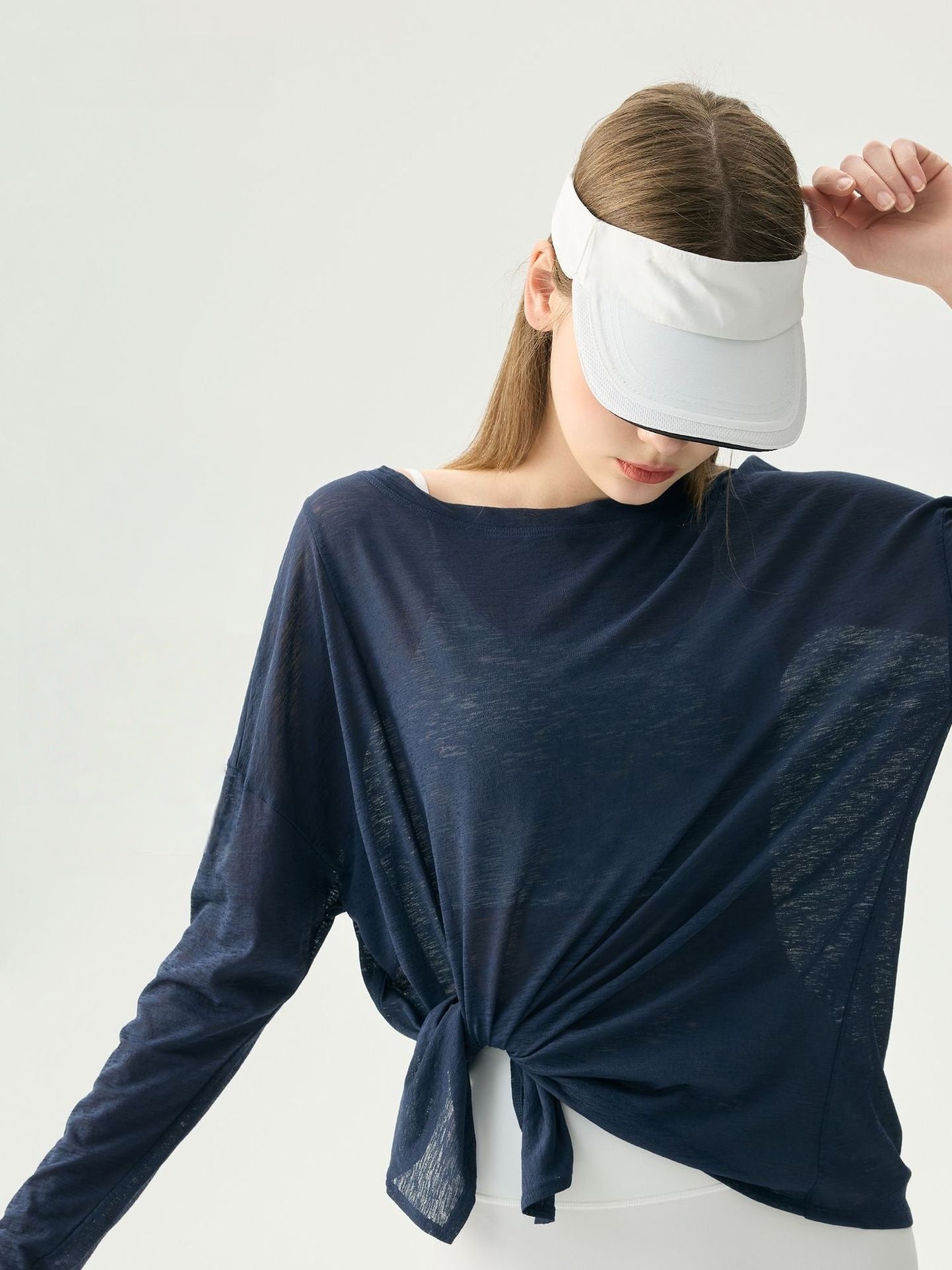 Textured Cut-Out Slit Hem Sculpting Long Sleeve T-Shirt