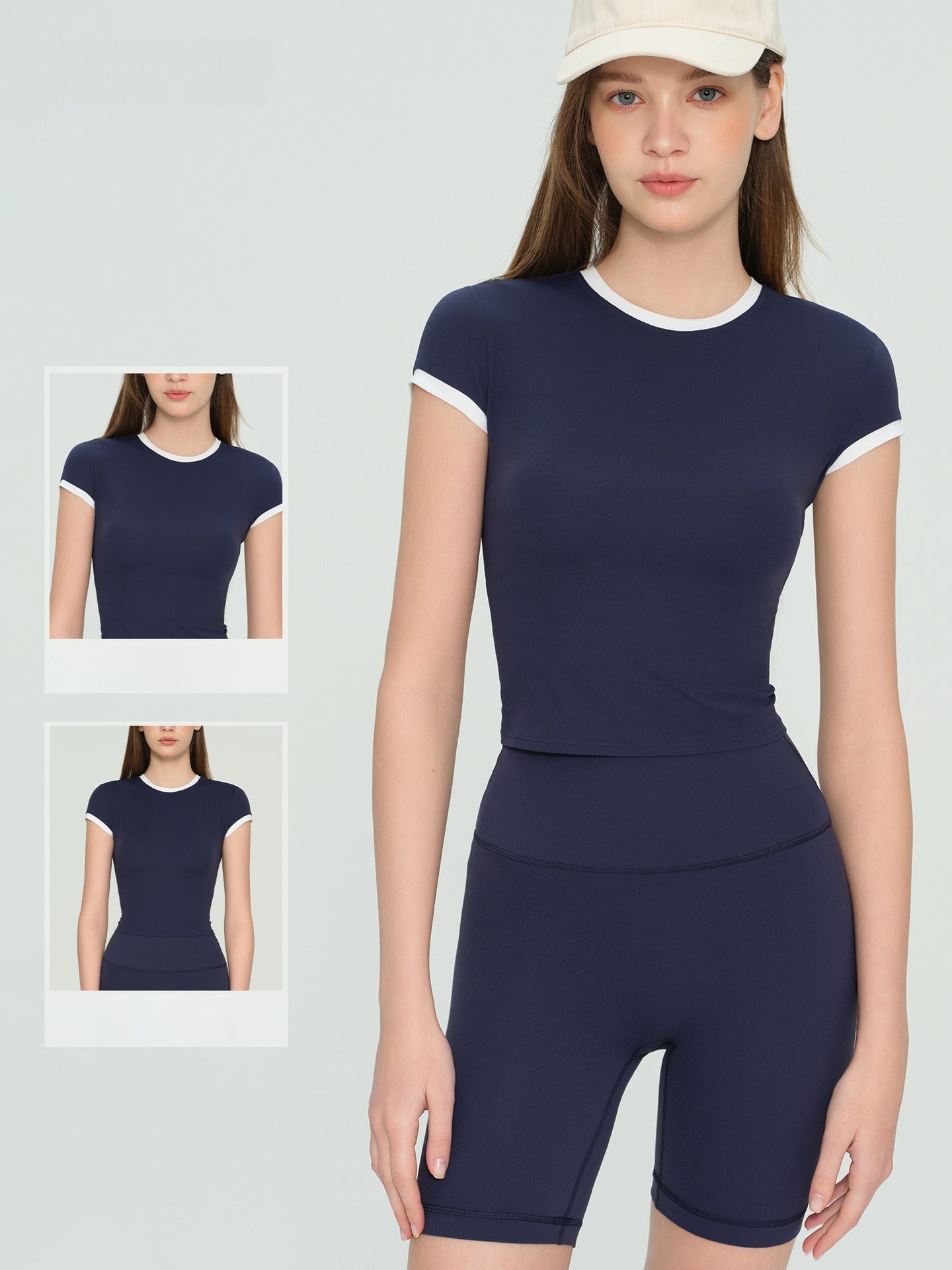Color Block V Neck Yoga Top Short Sleeve Slim Fit Gym