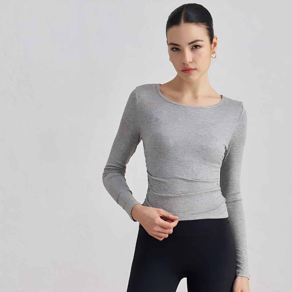 Cotton Ribbed Yoga Top Long Sleeve Padded Slimming Gym