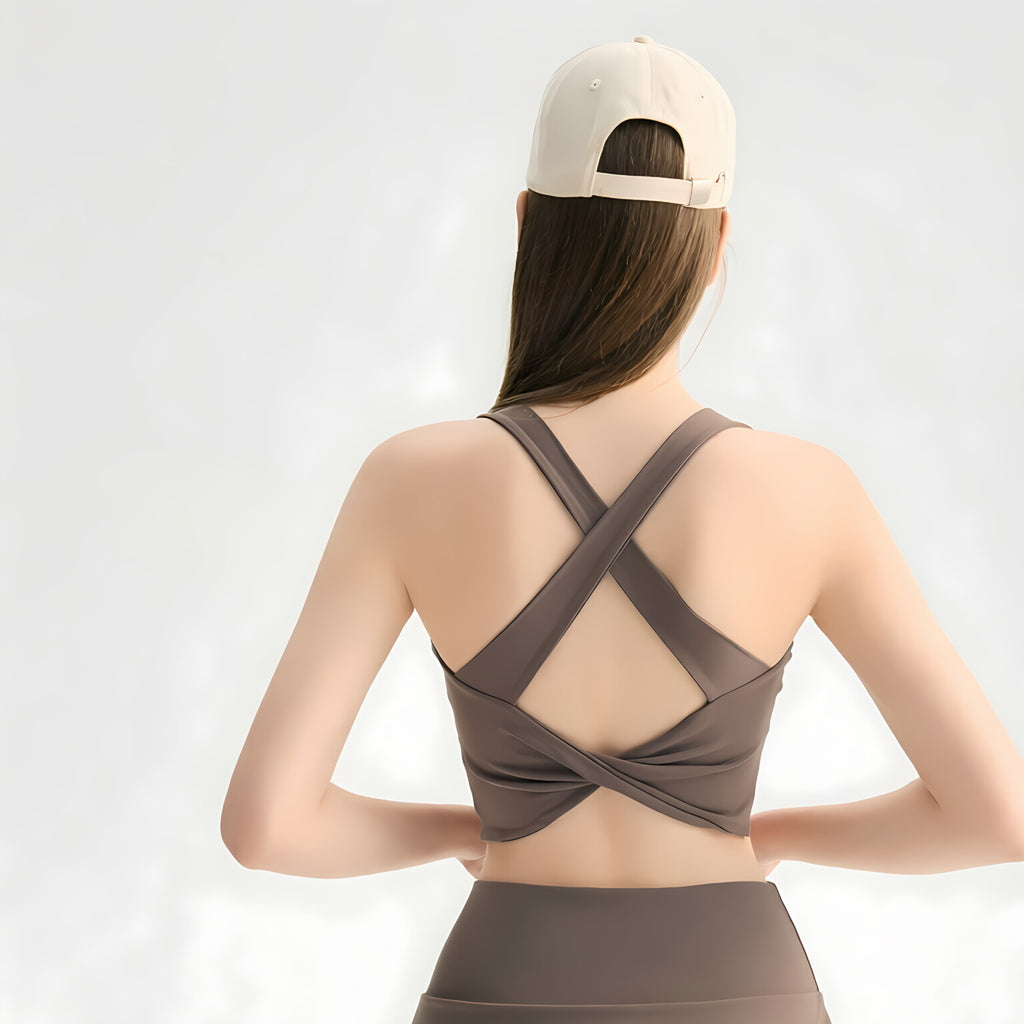 Knotted Back Yoga Bra Padded Cross Straps Shock Absorb Gym