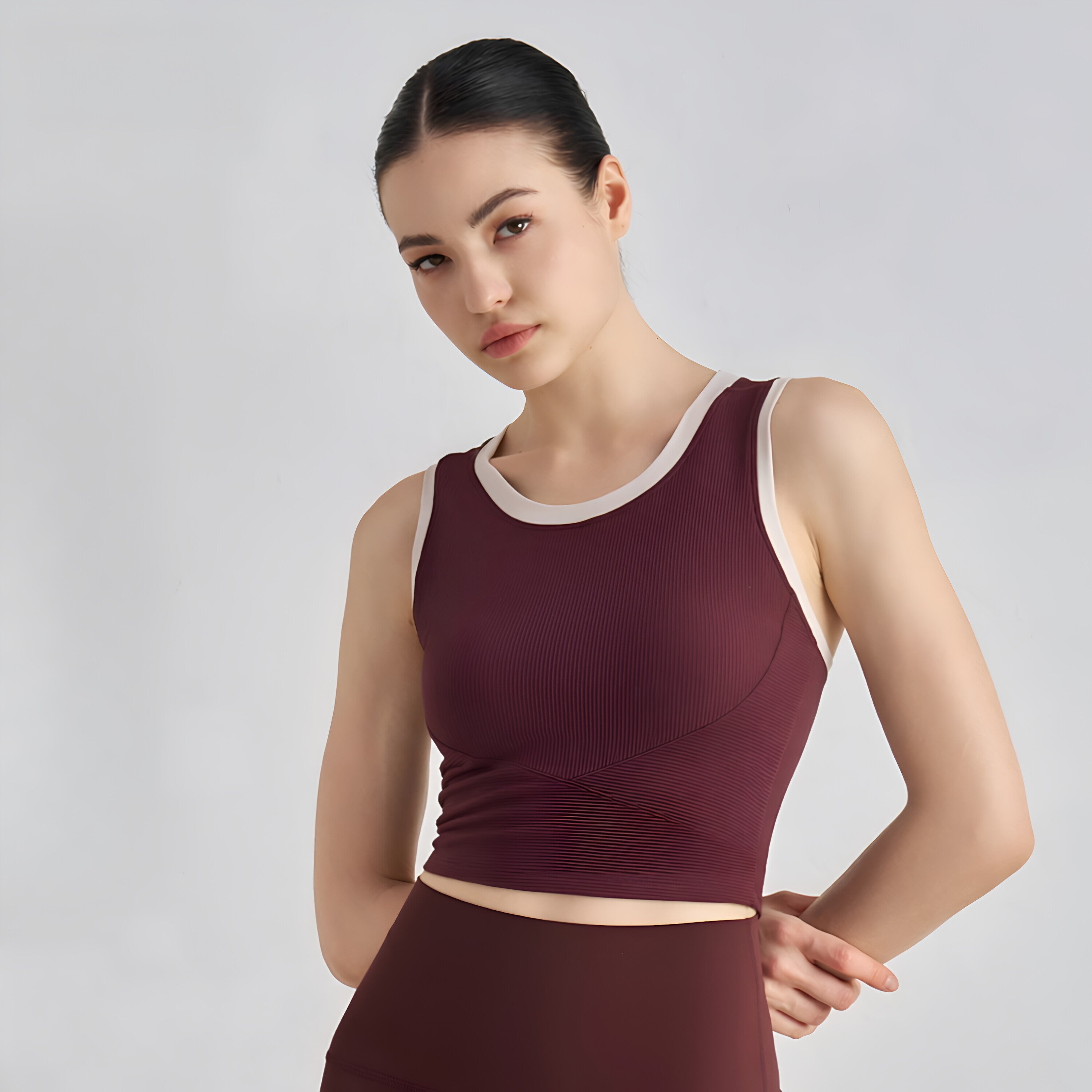 Ribbed Bandeau Bra Waist Cinching Built in Cup Sleeveless Gym
