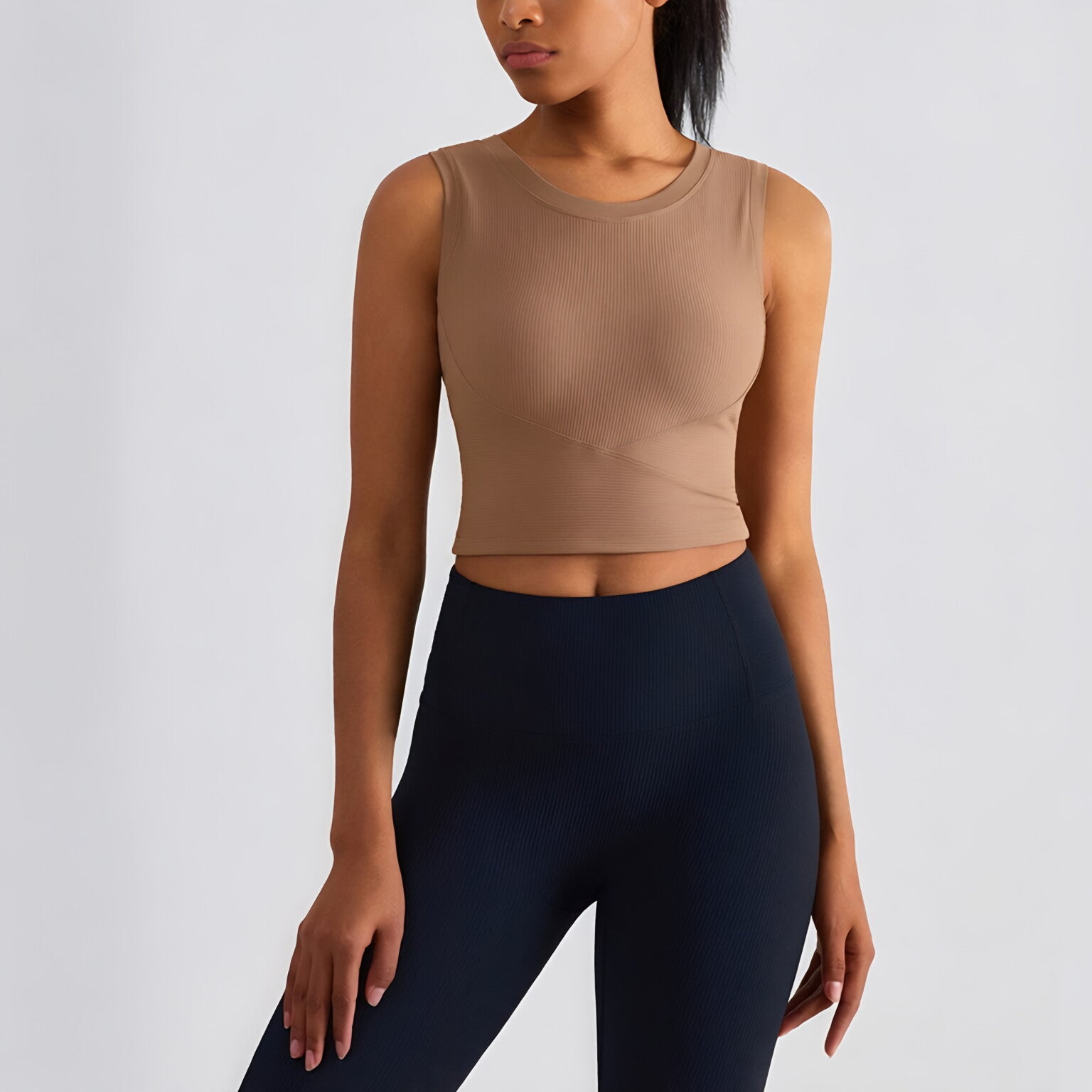 Ribbed Bandeau Bra Waist Cinching Built in Cup Sleeveless Gym