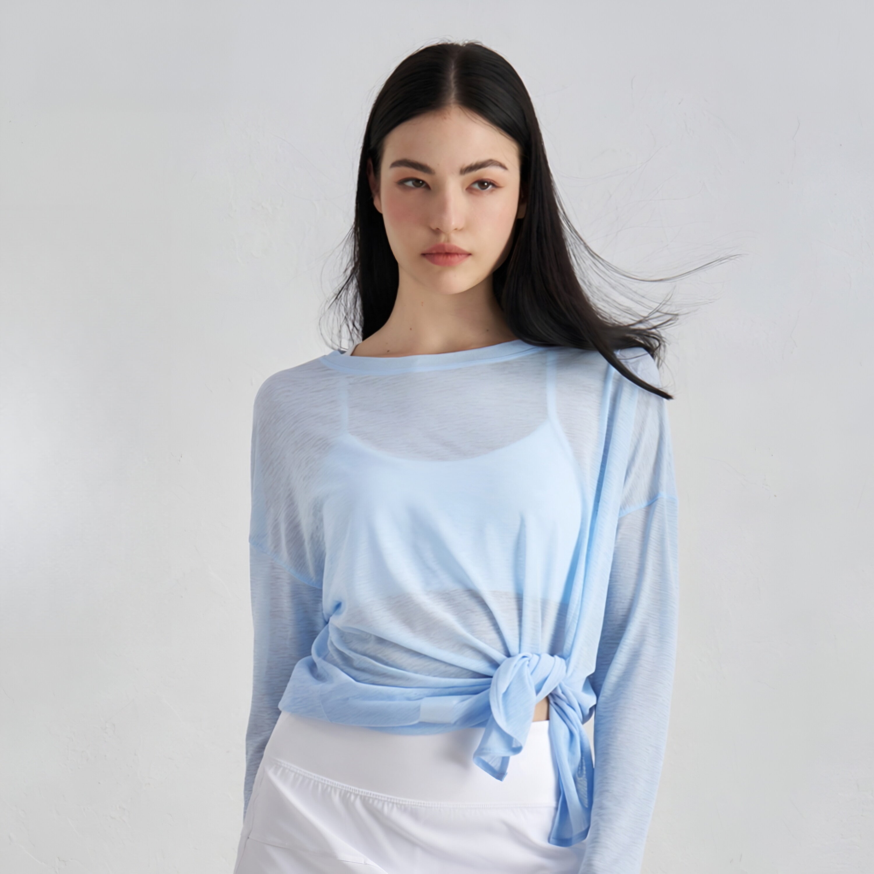 Textured Cut-Out Slit Hem Sculpting Long Sleeve T-Shirt