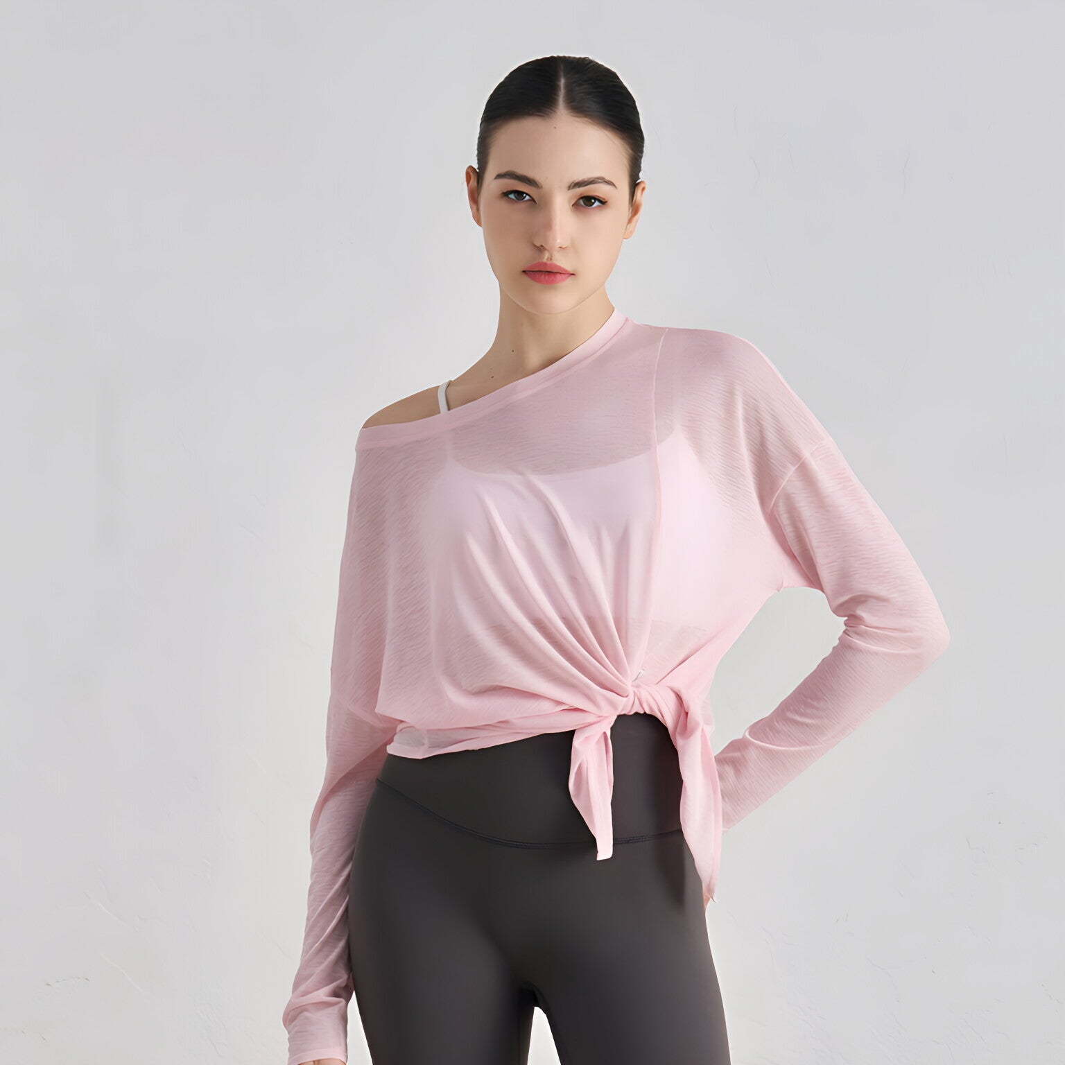 Textured Cut-Out Slit Hem Sculpting Long Sleeve T-Shirt