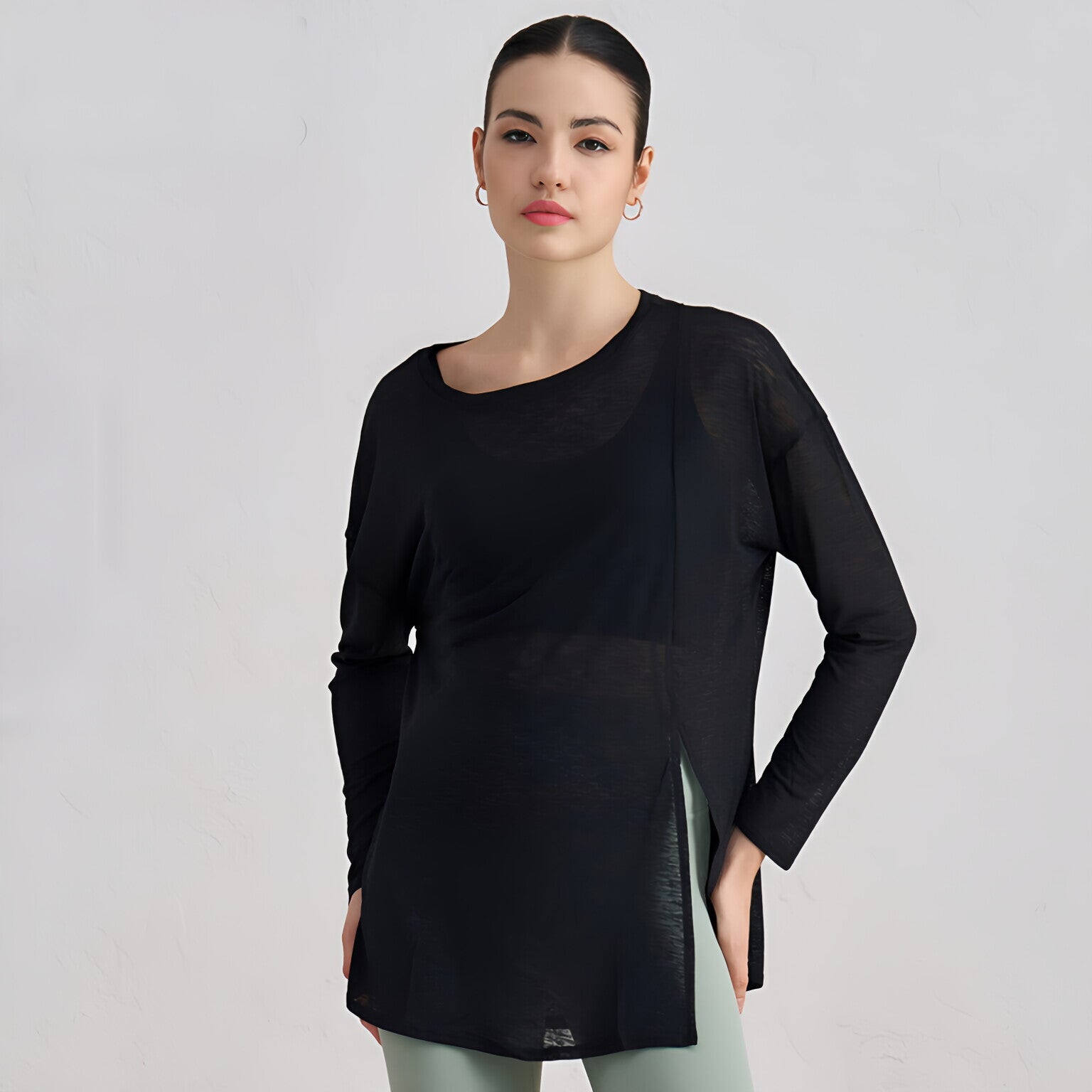 Textured Cut-Out Slit Hem Sculpting Long Sleeve T-Shirt