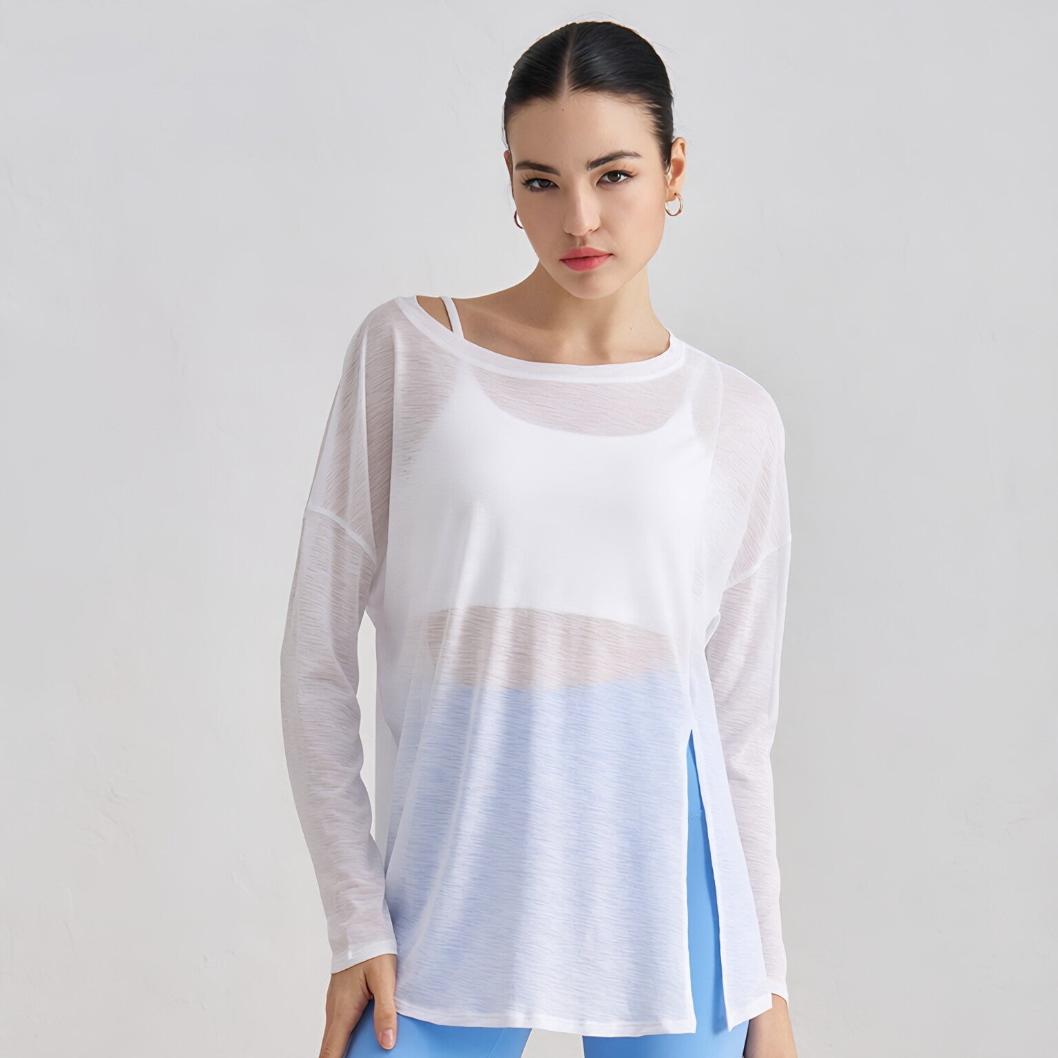 Textured Cut-Out Slit Hem Sculpting Long Sleeve T-Shirt
