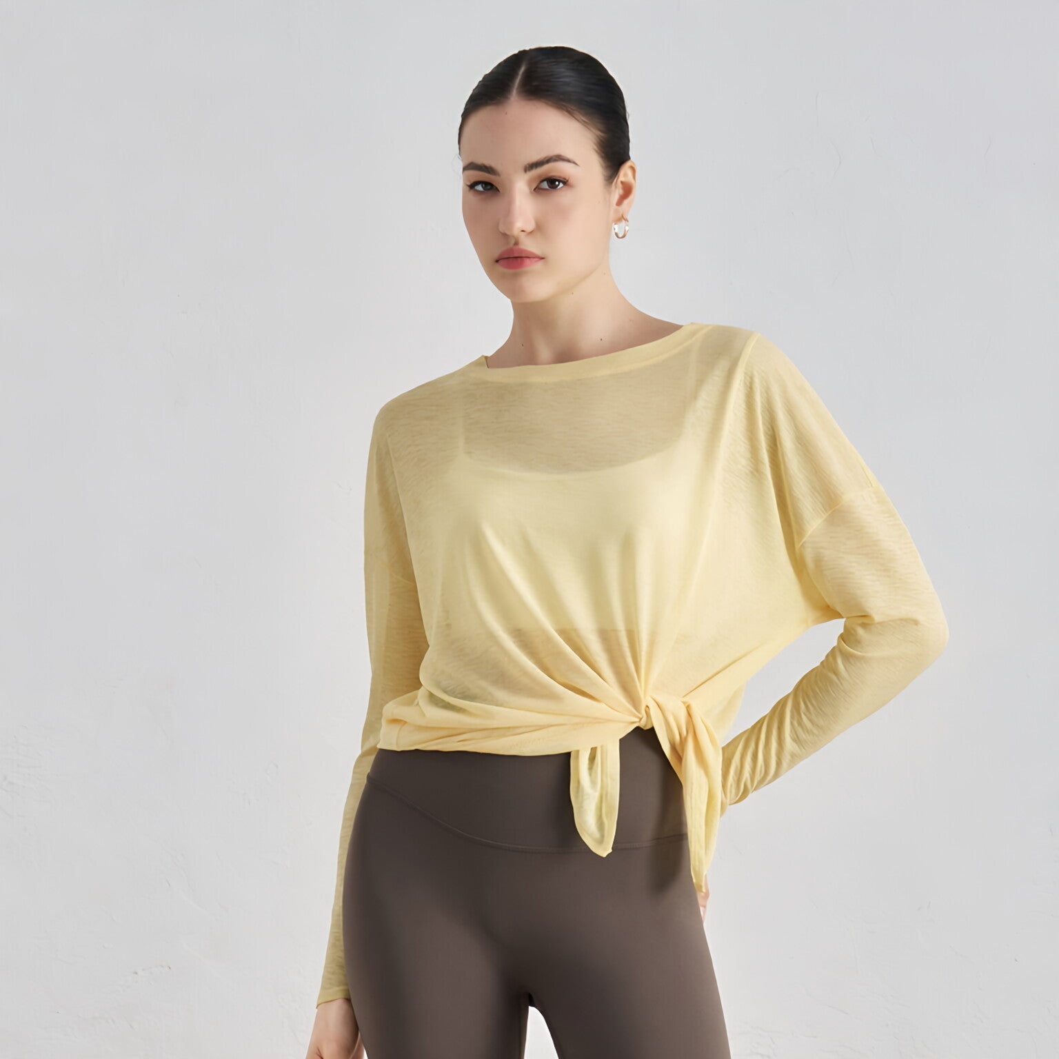 Textured Cut-Out Slit Hem Sculpting Long Sleeve T-Shirt