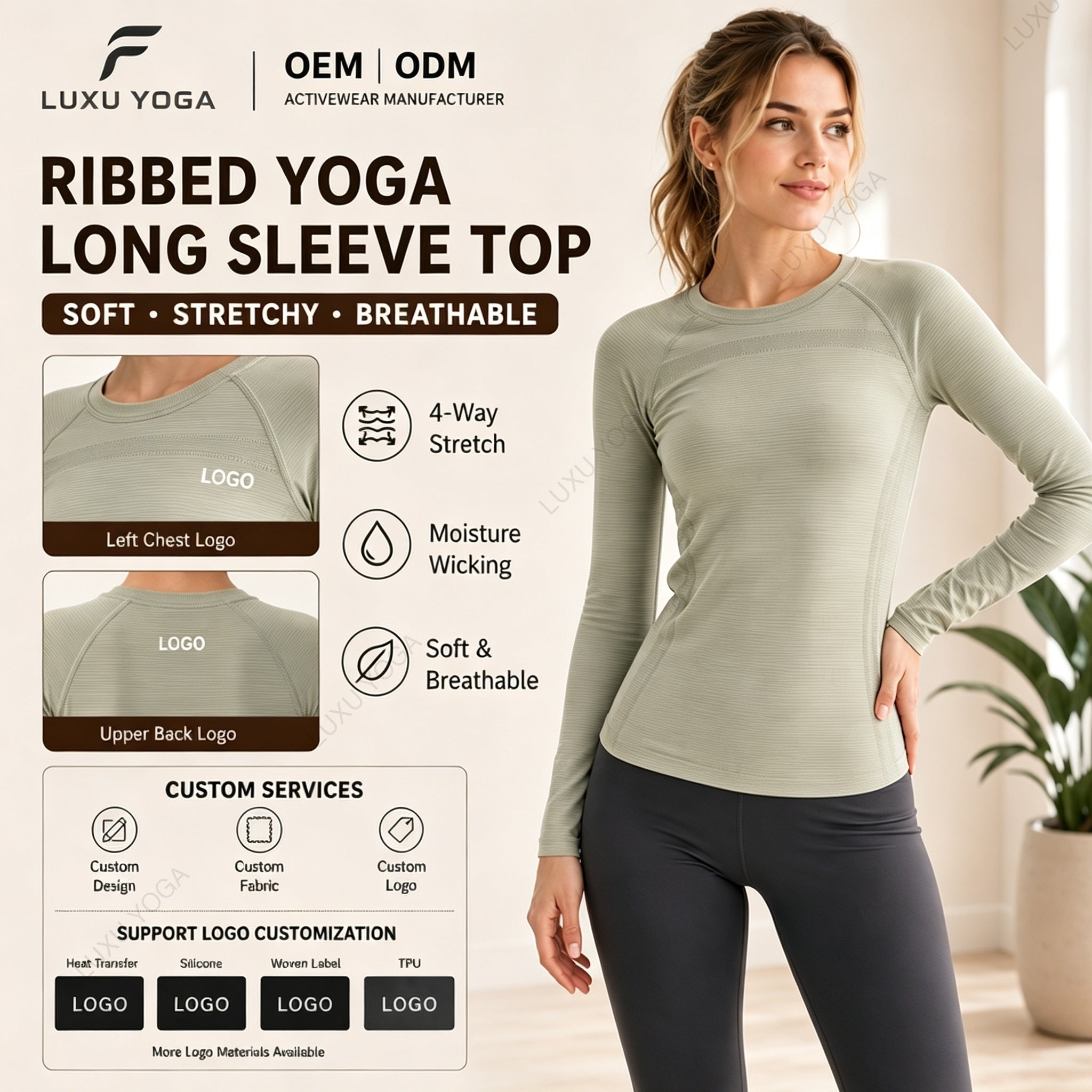 Wholesale 100% Nylon Yoga Top Women Long Sleeve Crew Neck Sweat-Wicking Classic Fit Workout Shirt