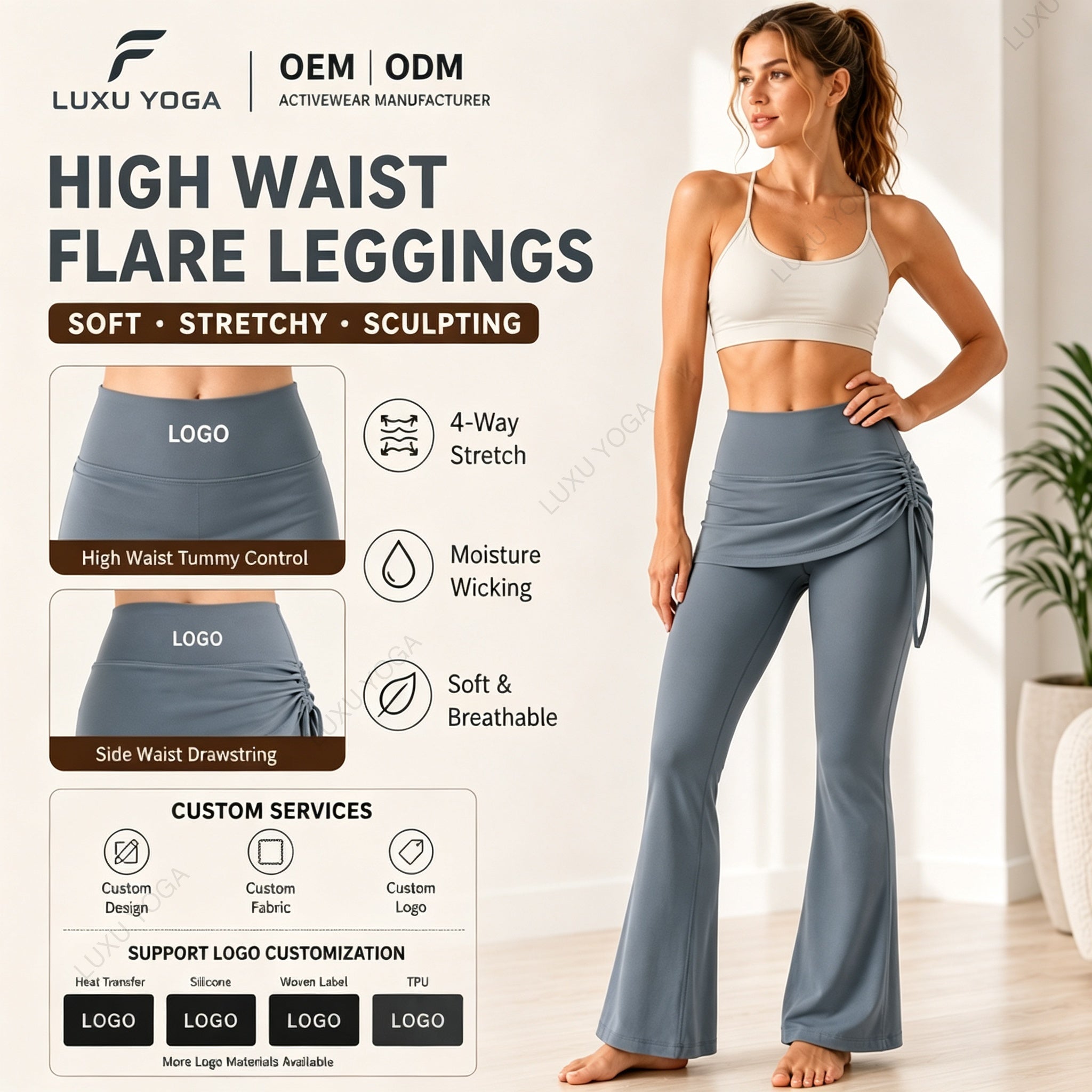 Wholesale 2-in-1 Flared Bootcut Yoga Skort Women High Waist Drawstring Skirt Overlay Pilates Pants