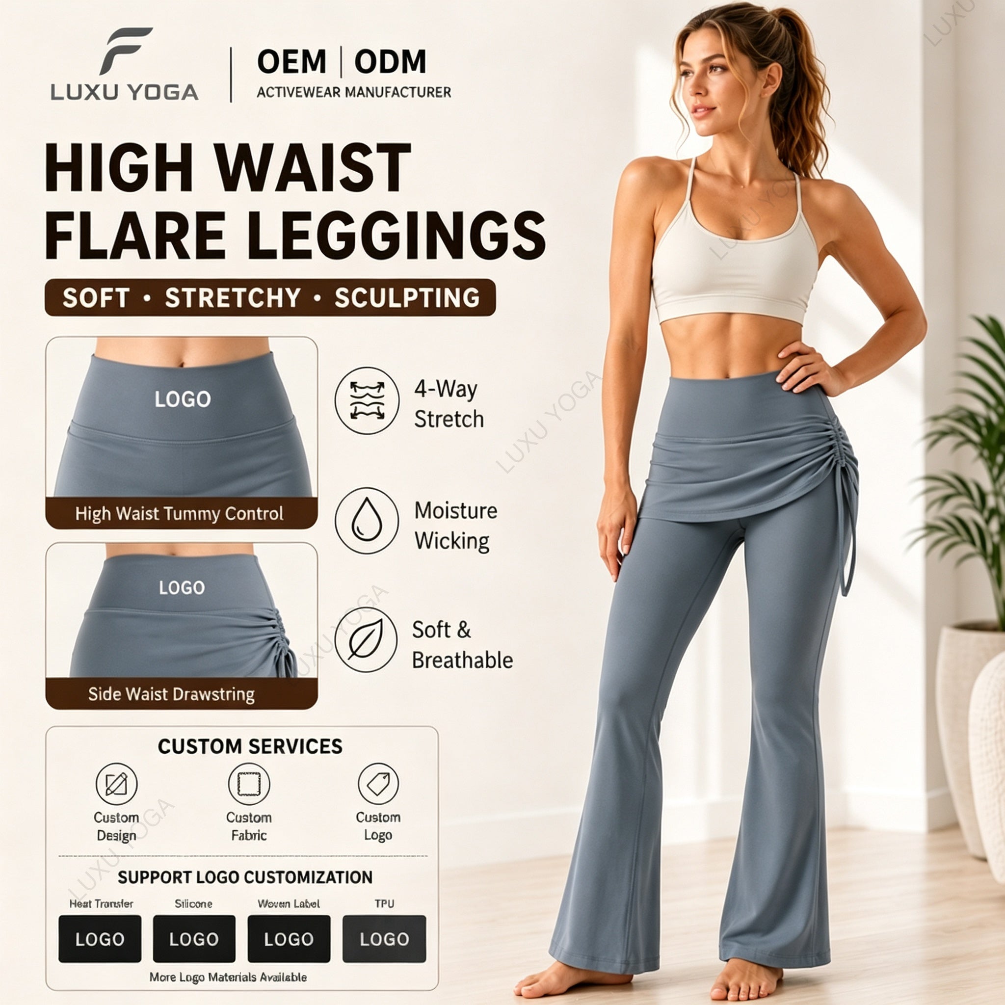 Wholesale 2-in-1 Yoga Skort Women Flared Bootcut Skirt Overlay High Waist Drawstring Trousers