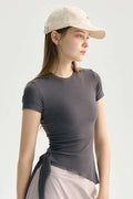 Wholesale Asymmetric Hem Yoga Tee Women Tie-Waist Cropped Short Sleeve Four-Way Stretch Active Top