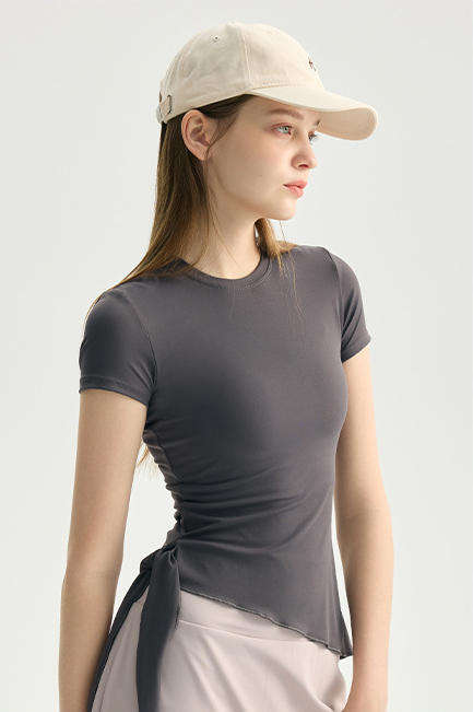 Wholesale Asymmetric Hem Yoga Tee Women Tie-Waist Cropped Short Sleeve Four-Way Stretch Active Top