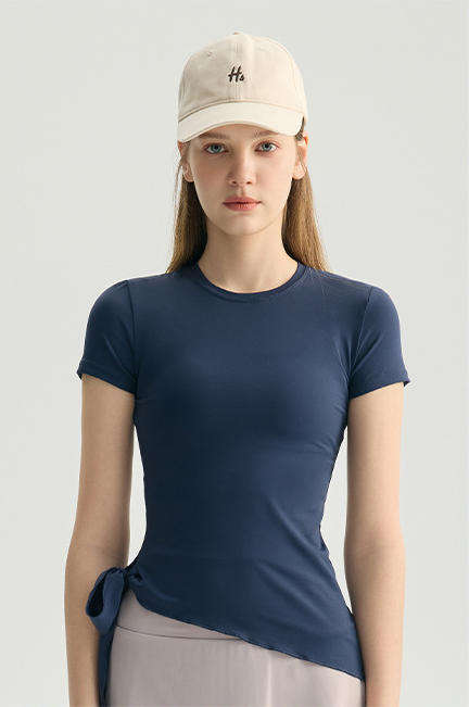 Wholesale Asymmetric Hem Yoga Tee Women Tie-Waist Cropped Short Sleeve Four-Way Stretch Active Top