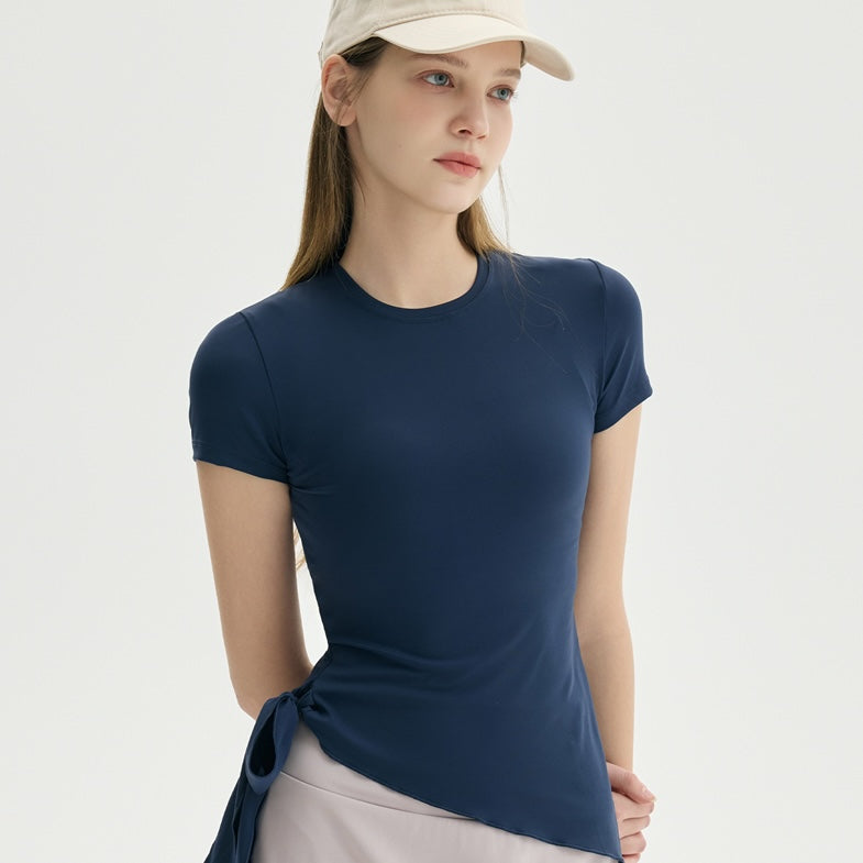 Wholesale Asymmetric Hem Yoga Tee Women Tie-Waist Cropped Short Sleeve Four-Way Stretch Active Top