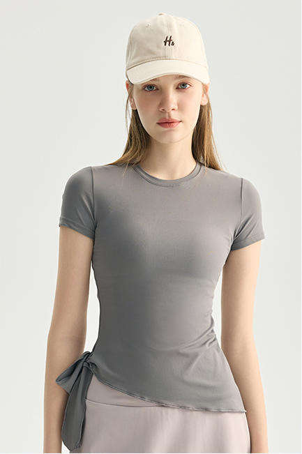 Wholesale Asymmetric Hem Yoga Tee Women Tie-Waist Cropped Short Sleeve Four-Way Stretch Active Top