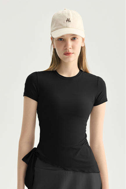 Wholesale Asymmetric Hem Yoga Tee Women Tie-Waist Cropped Short Sleeve Four-Way Stretch Active Top