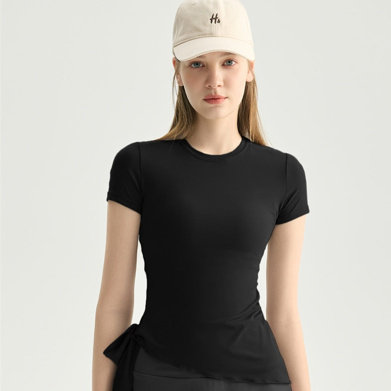Wholesale Asymmetric Hem Yoga Tee Women Tie-Waist Cropped Short Sleeve Four-Way Stretch Active Top