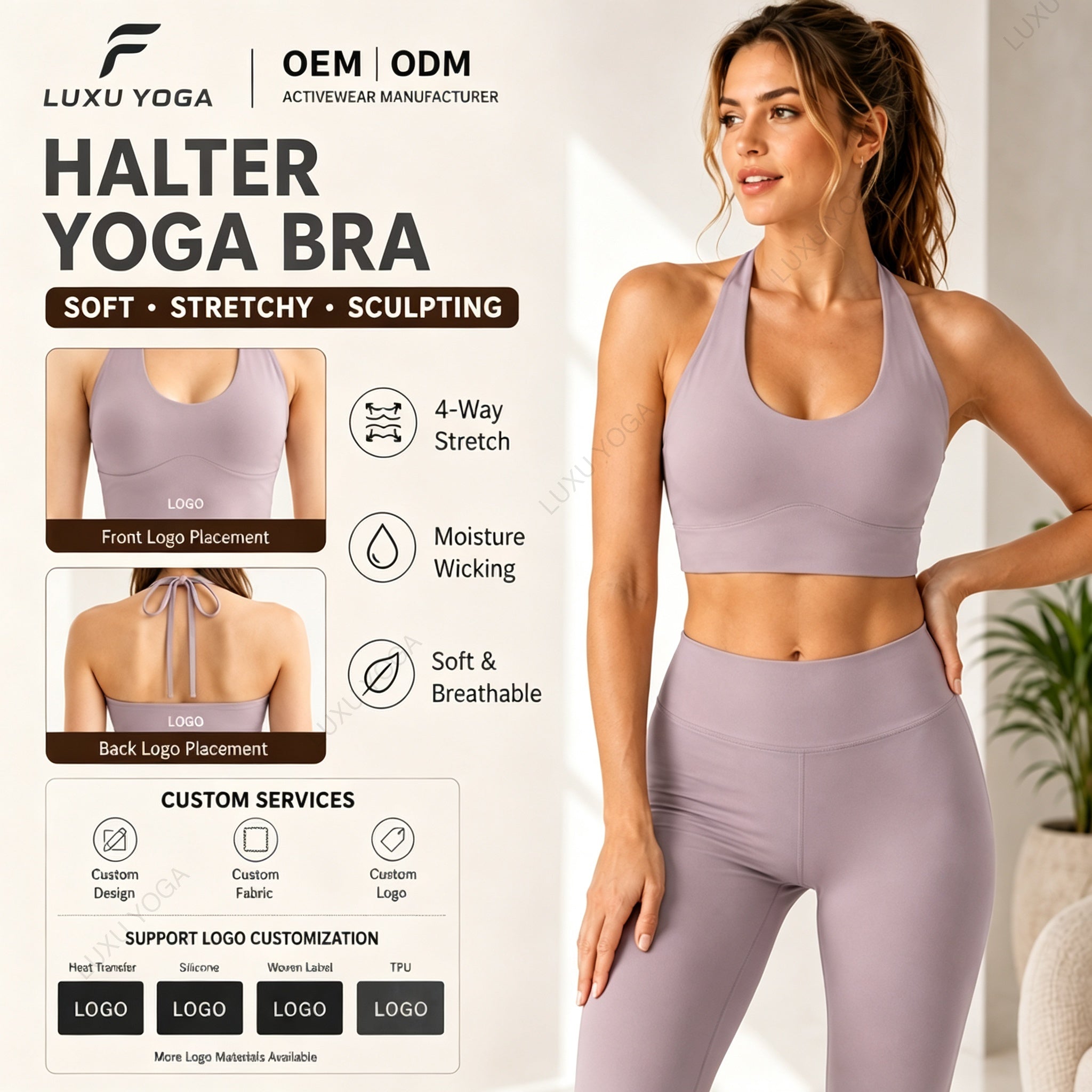 Wholesale Custom Logo Halter Sports Bra Women High Support Molded Cups No Bounce Workout Top