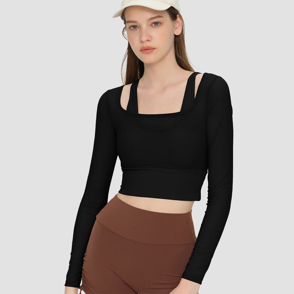 Wholesale Long Sleeve Yoga Top Women Fixed Cups Built-in Bra Seamless Gym Workout Top