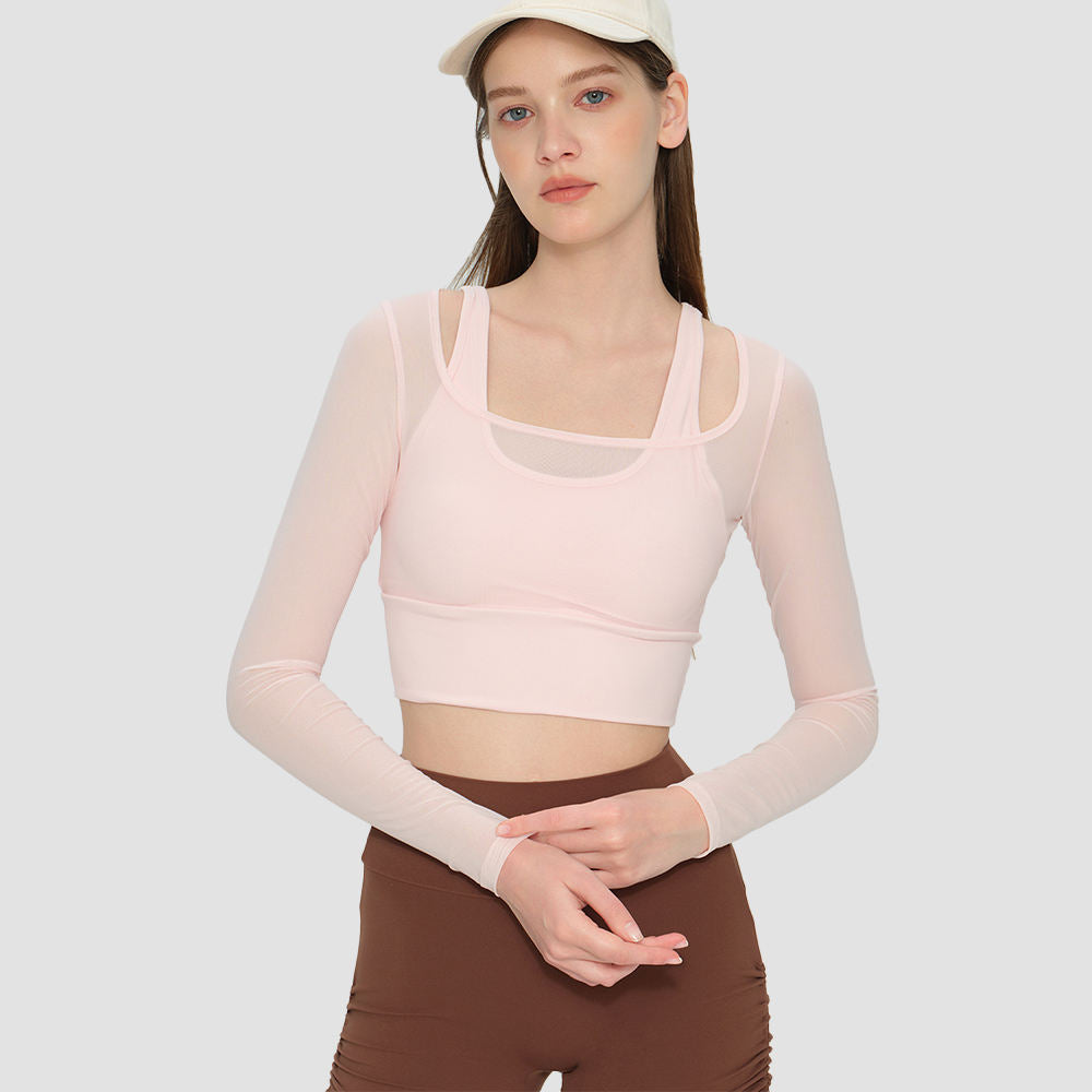 Wholesale Long Sleeve Yoga Top Women Fixed Cups Built-in Bra Seamless Gym Workout Top