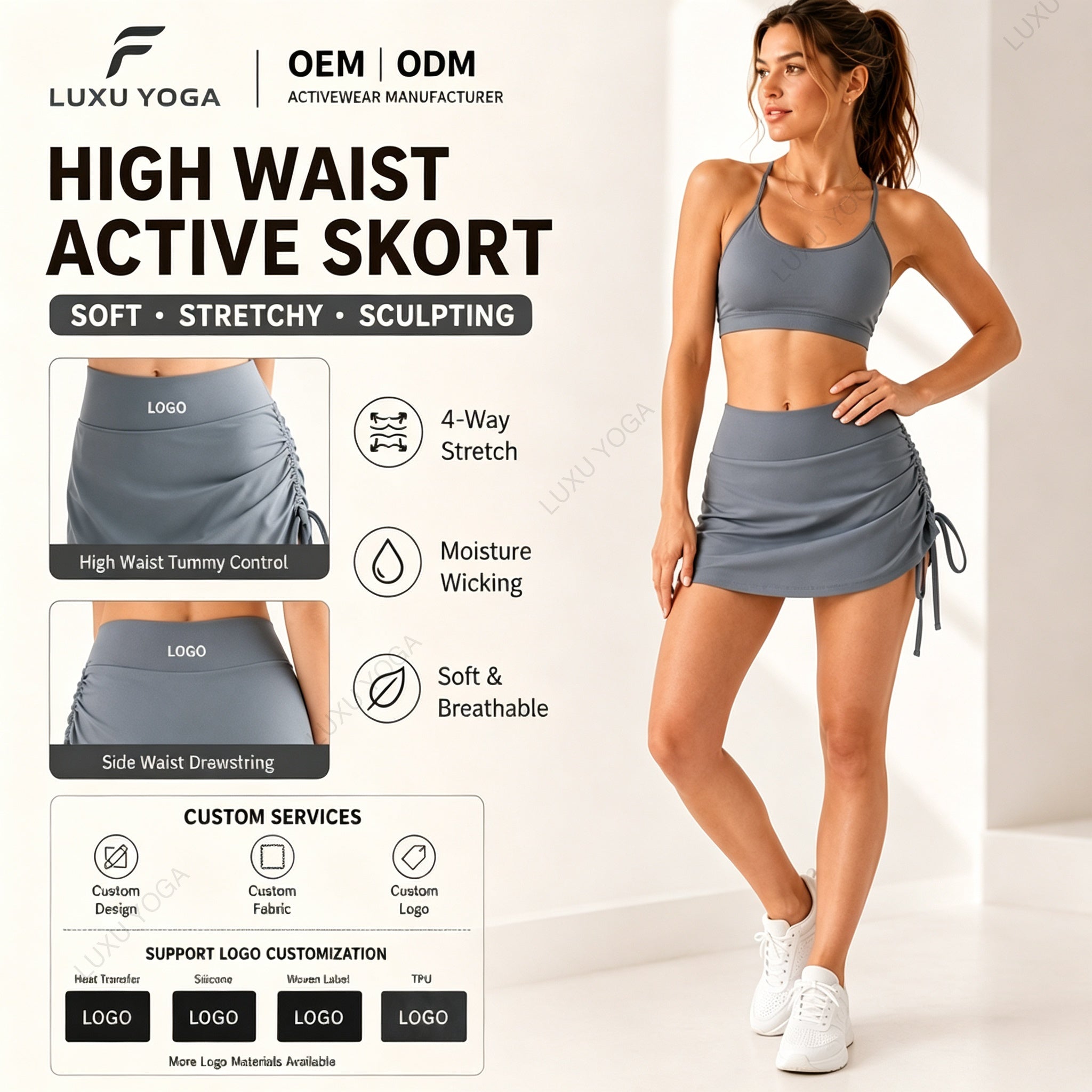 Wholesale Naked Feeling Yoga Skort Women Side Drawstring High Waist Built-in Shorts Tennis Skirt