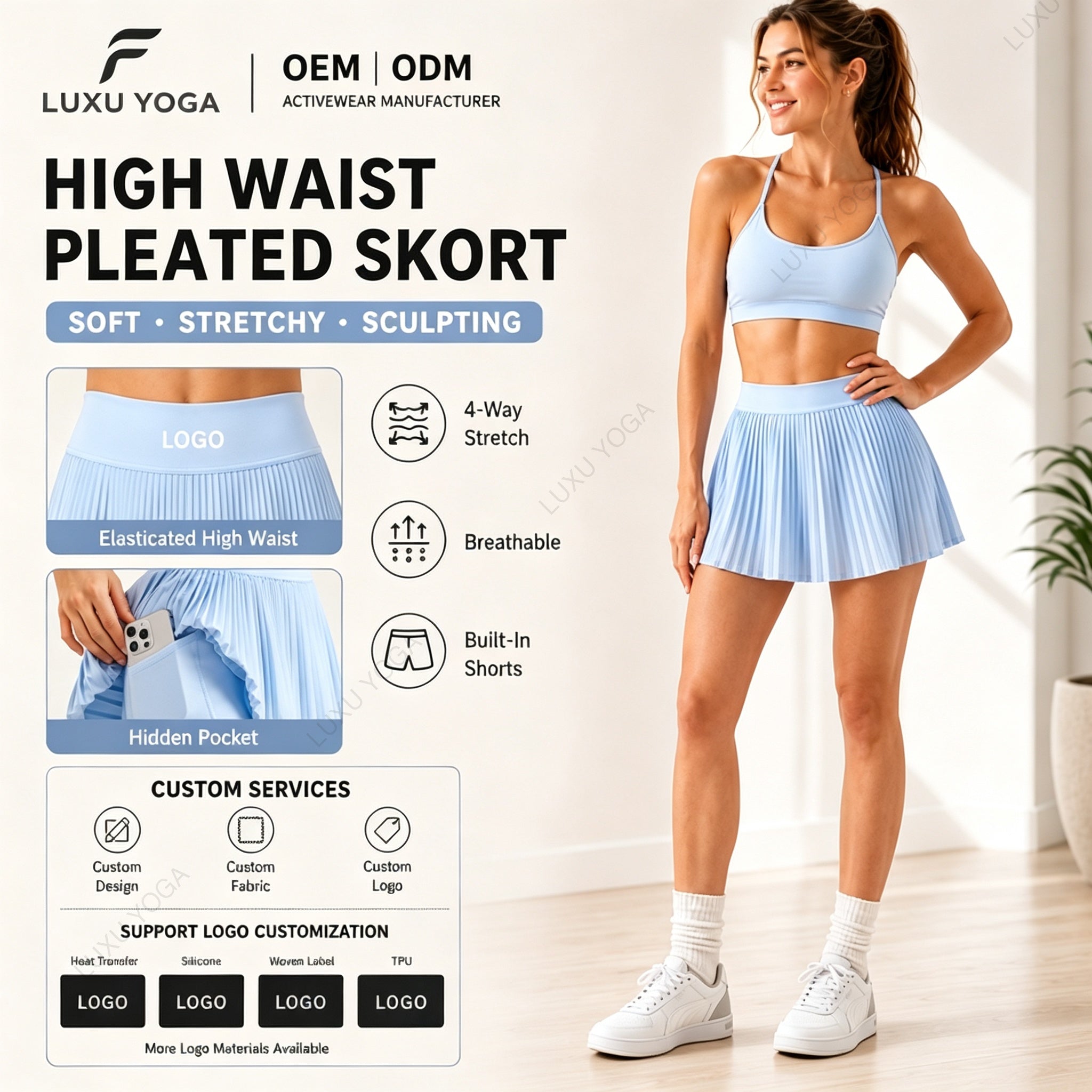 Wholesale Pleated Tennis Skort Women High Waist Built-in Shorts Functional Pockets Yoga Skirt
