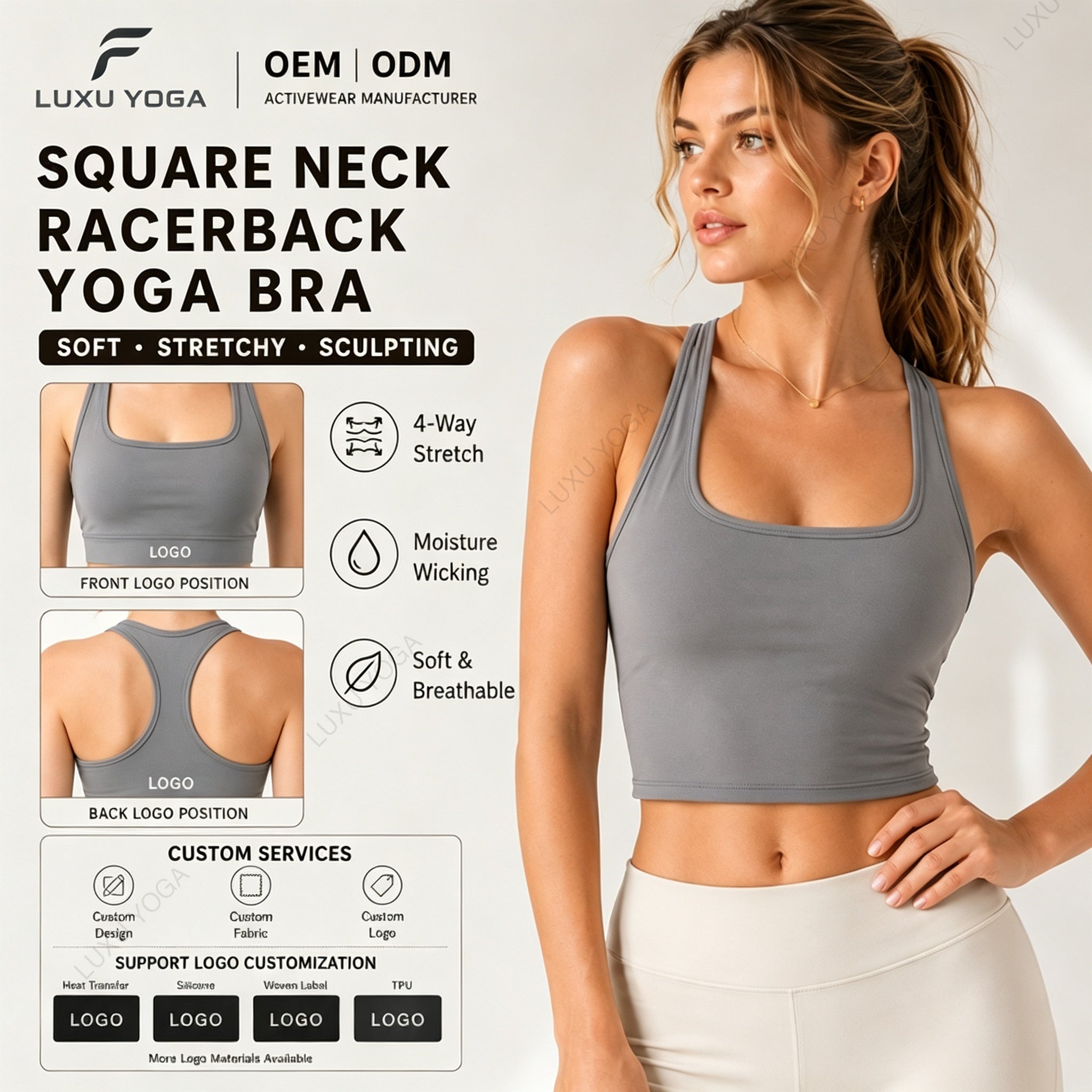 Wholesale Plus Size Square Neck Yoga Bra Women XL High Support Snatched Fit Workout Top