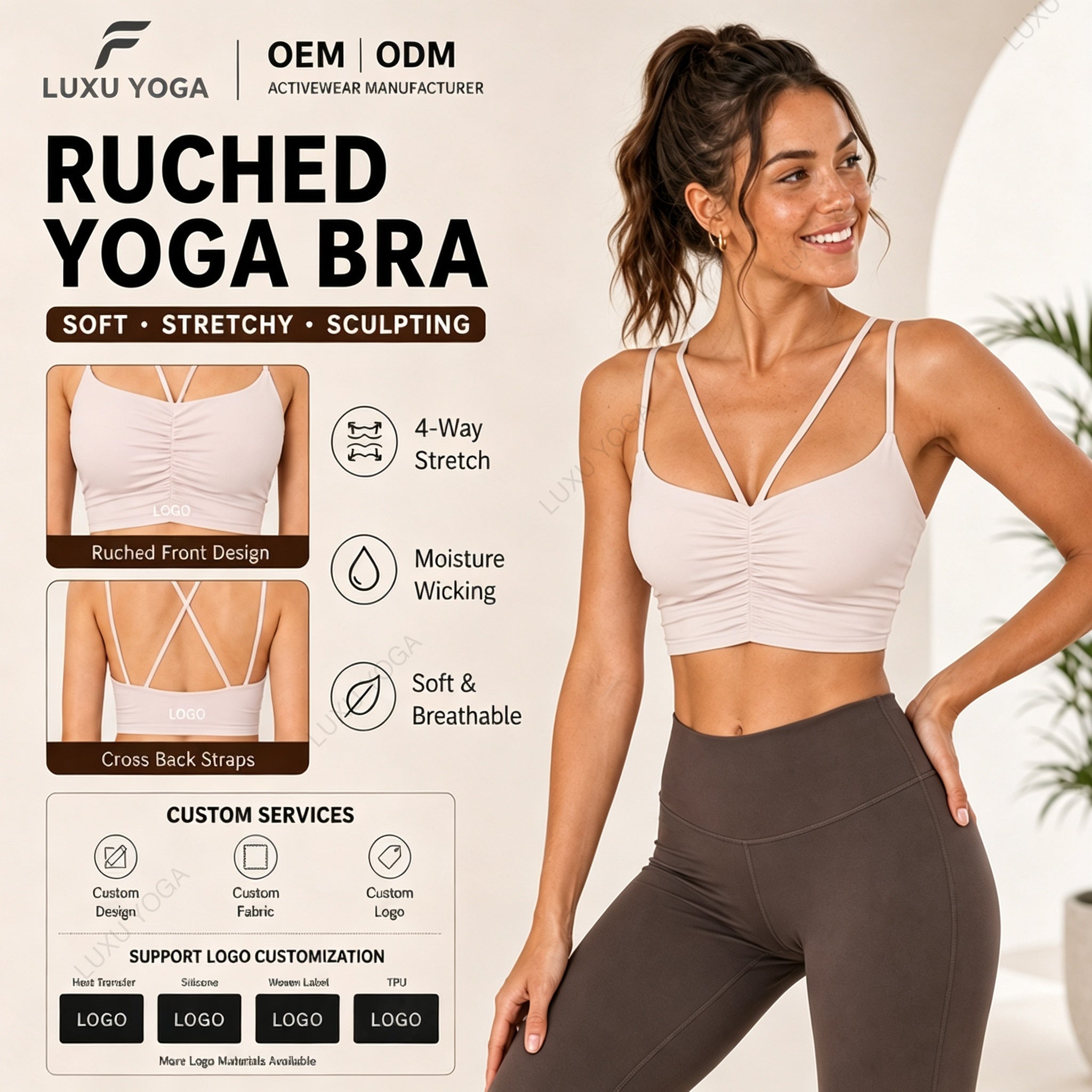 Wholesale Ruffled Strapless Yoga Bra Womaen Seamless Snatched Fit Front Logo Medium Support Gym Top