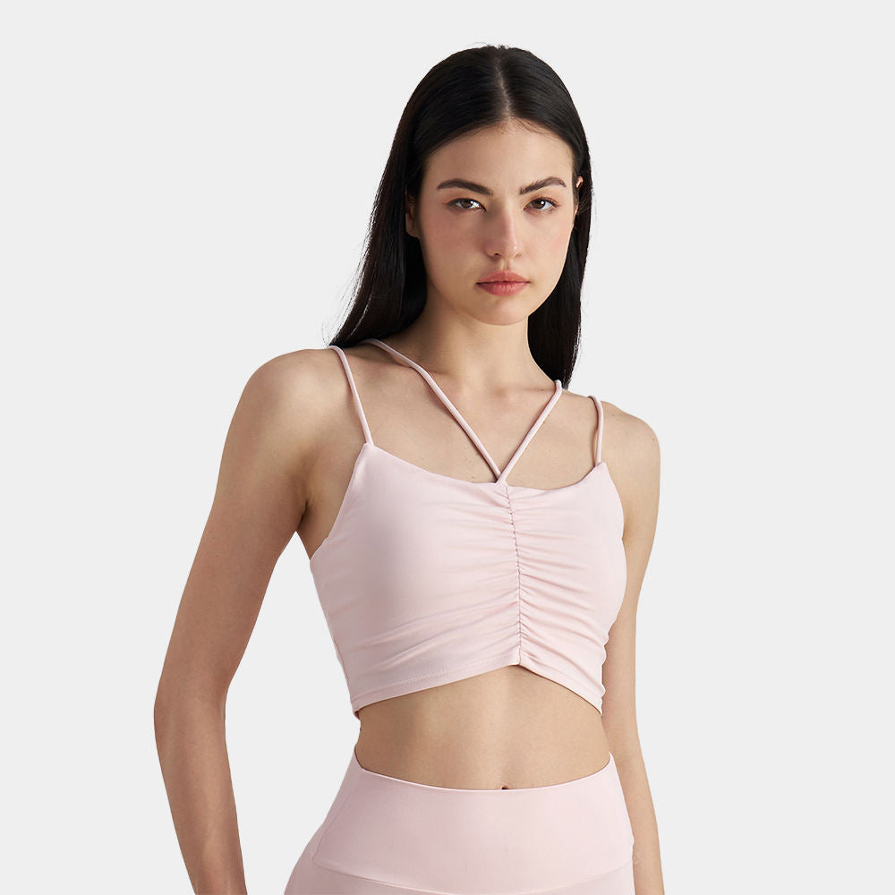 Wholesale Ruffled Strapless Yoga Bra Womaen Seamless Snatched Fit Front Logo Medium Support Gym Top