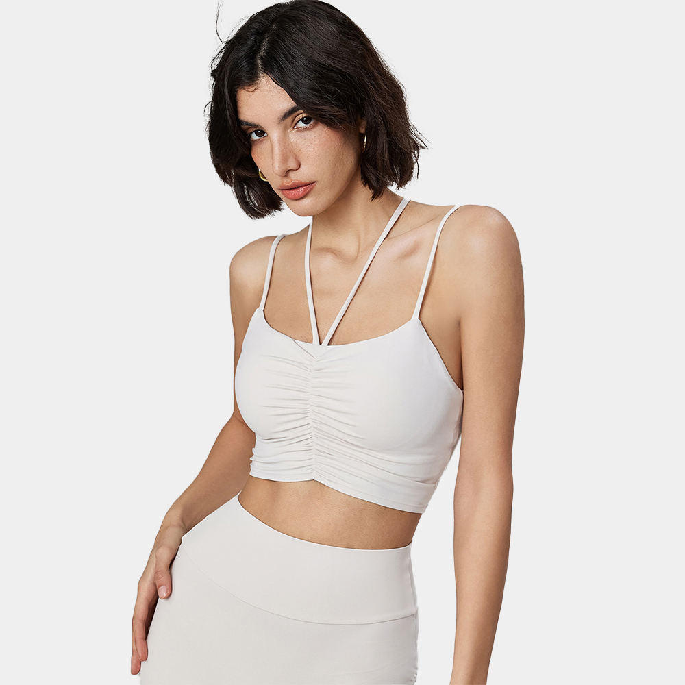 Wholesale Ruffled Strapless Yoga Bra Womaen Seamless Snatched Fit Front Logo Medium Support Gym Top