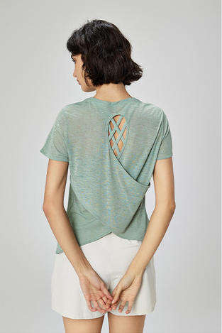Wholesale Slub Knit Yoga T-Shirt Women Waterdrop Cutout Back Relaxed Fit Short Sleeve Pilates Top
