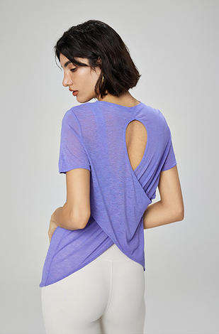 Wholesale Slub Knit Yoga T-Shirt Women Waterdrop Cutout Back Relaxed Fit Short Sleeve Pilates Top