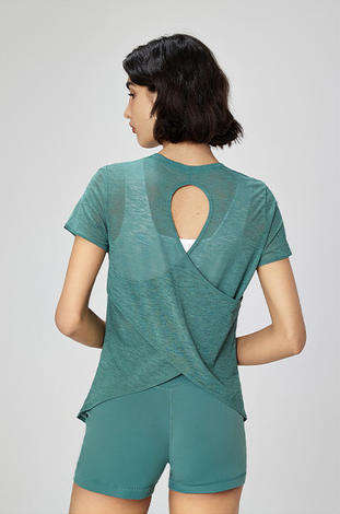 Wholesale Slub Knit Yoga T-Shirt Women Waterdrop Cutout Back Relaxed Fit Short Sleeve Pilates Top