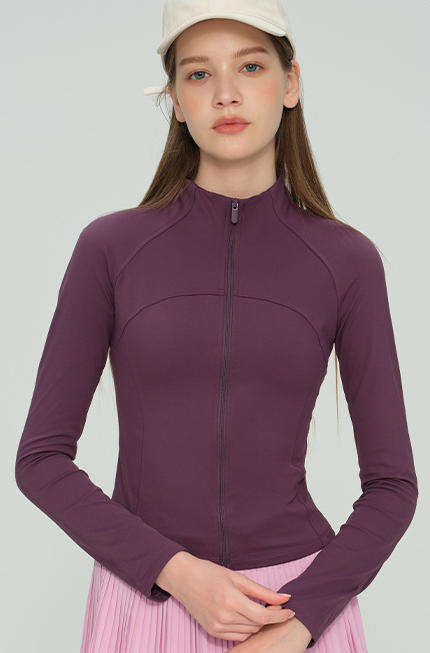 Wholesale Spliced Yoga Jacket Women Stand Collar Thumbhole Long Sleeve Flattering Fit Workout Top