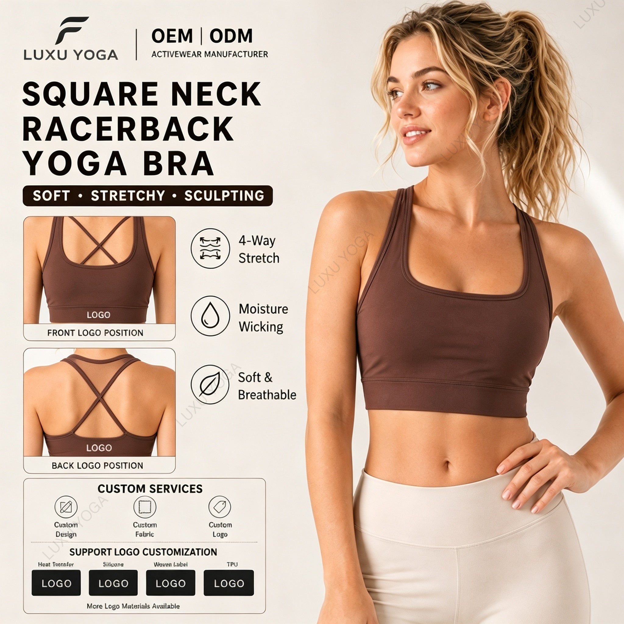 Wholesale Square Neck Yoga Bra Women High Support Snatched Fit Lightweight Breathable Workout Top