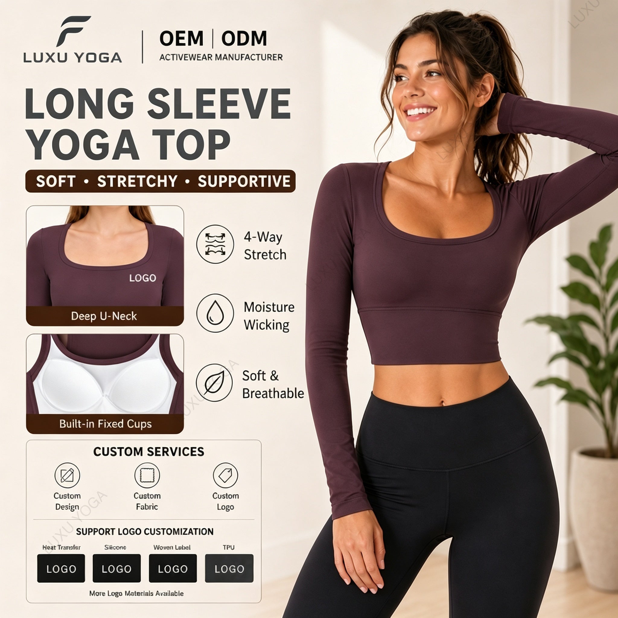 Wholesale U Neck Yoga Top Women Seamless Long Sleeve Body-Hugging Breathable Gym Pilates Shirt